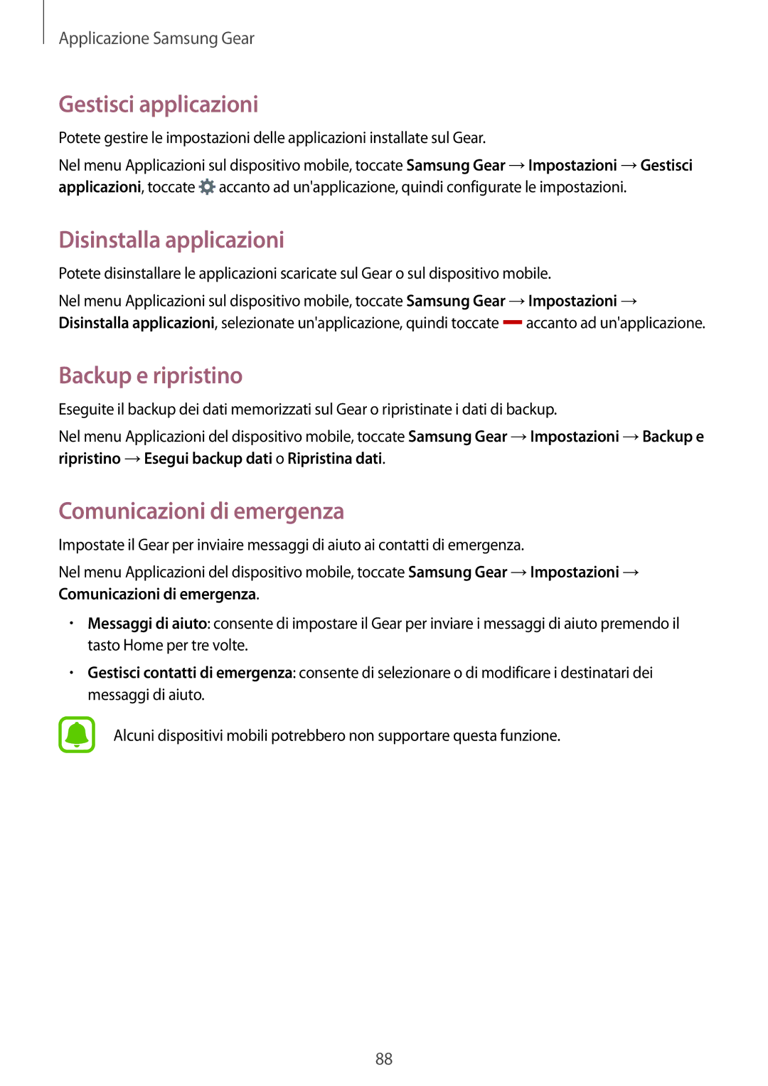 Samsung SM-R7500ZKAXEO Gestisci applicazioni, Disinstalla applicazioni, Backup e ripristino, Comunicazioni di emergenza 
