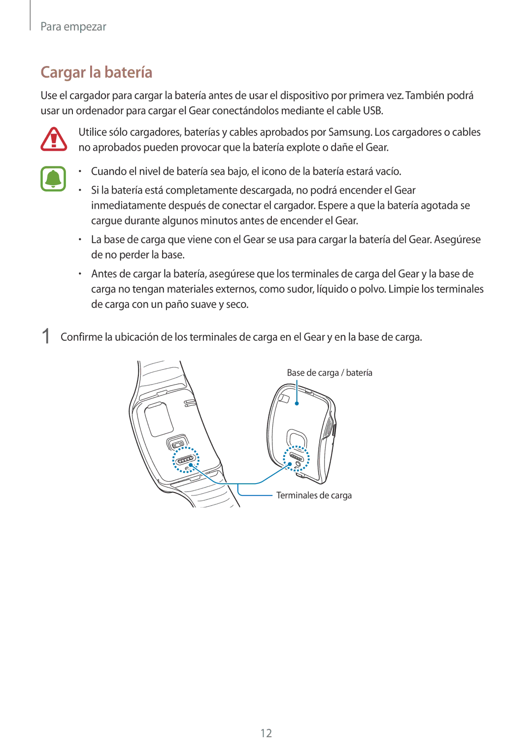 Samsung SM-R7500ZWAXEO, SM-R7500ZKADBT, SM-R7500ZKAXEO, SM-R7500ZWAPHE, SM-R7500ZKSPHE, SM-R7500ZKAPHE manual Cargar la batería 