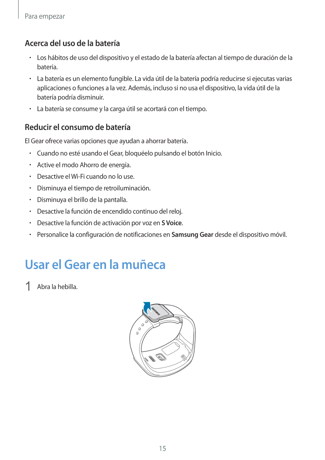 Samsung SM-R7500ZKSPHE manual Usar el Gear en la muñeca, Acerca del uso de la batería, Reducir el consumo de batería 