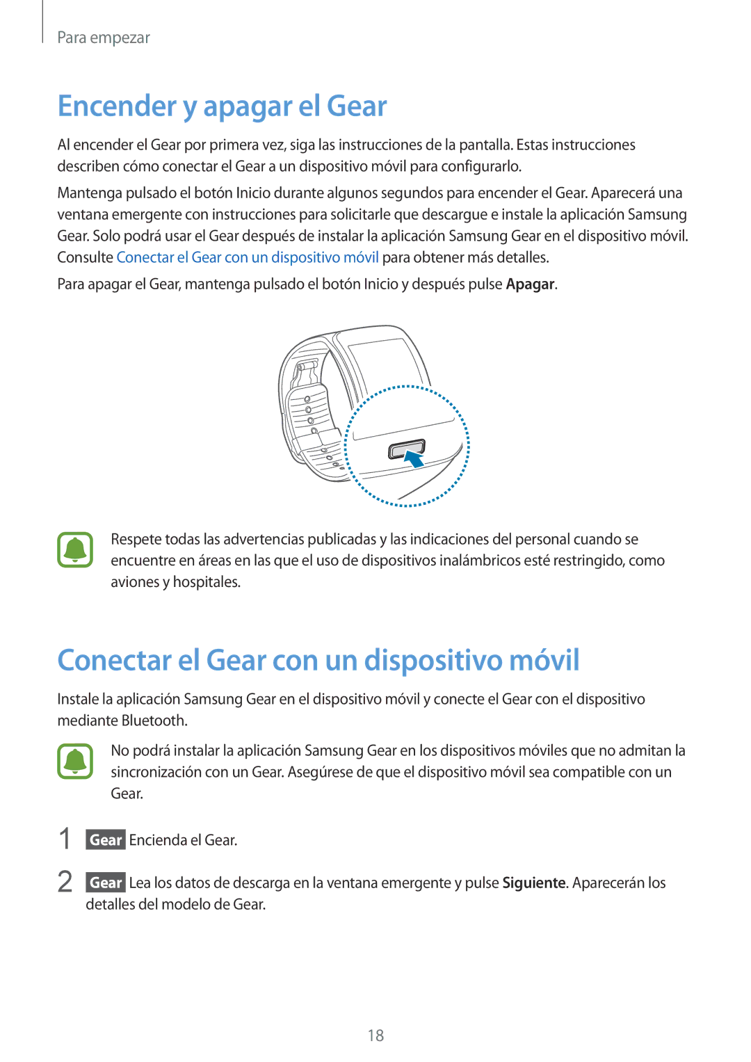 Samsung SM-R7500ZWAATO, SM-R7500ZKADBT, SM-R7500ZWAXEO Encender y apagar el Gear, Conectar el Gear con un dispositivo móvil 