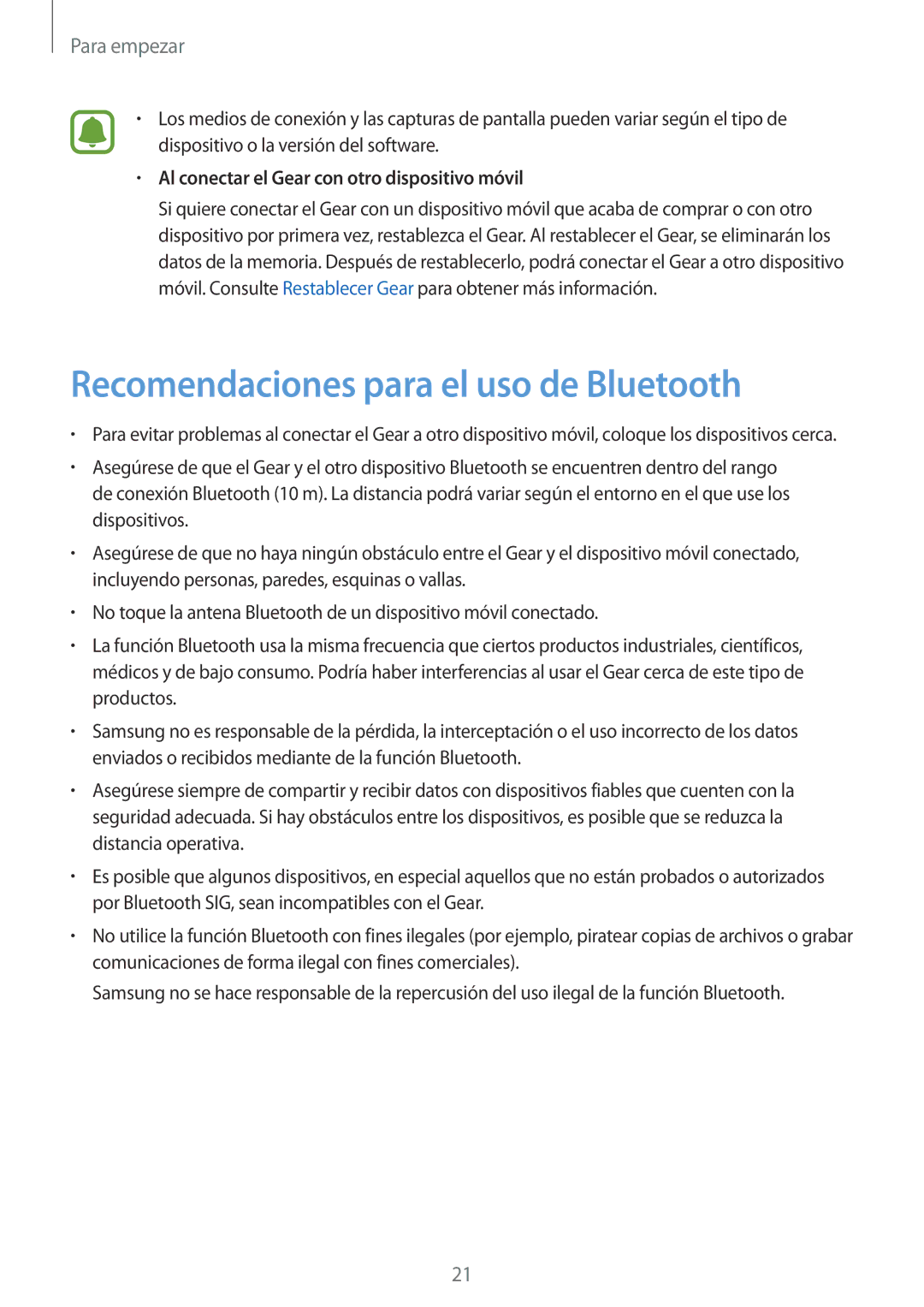 Samsung SM-R7500ZKCPHE manual Recomendaciones para el uso de Bluetooth, Al conectar el Gear con otro dispositivo móvil 