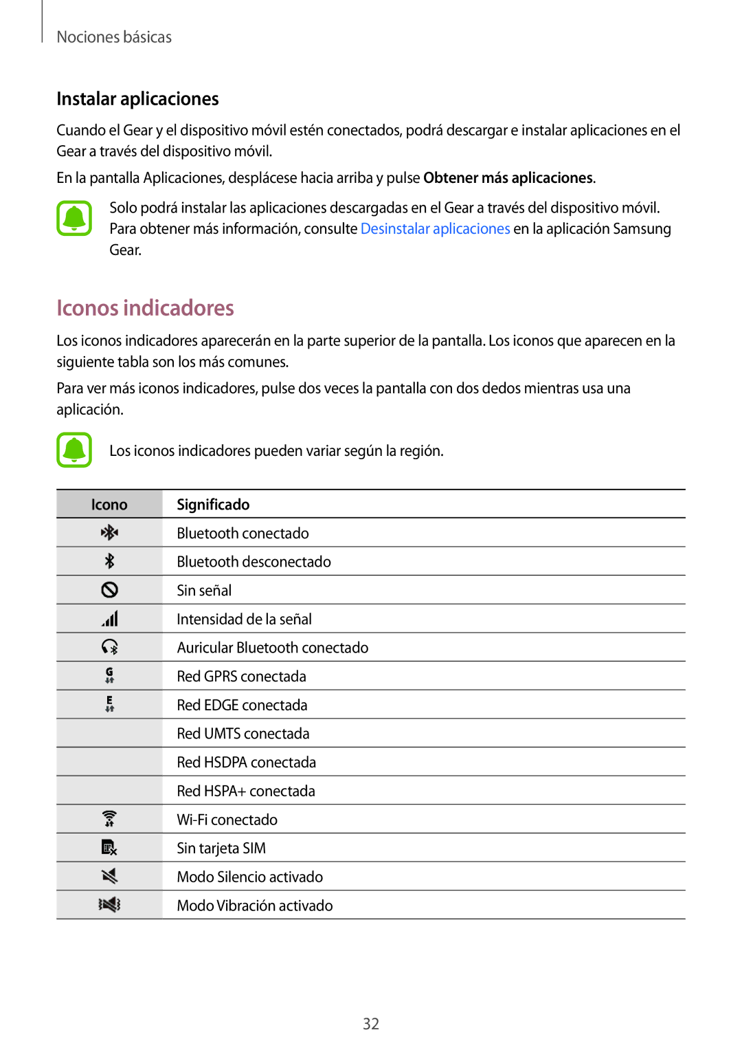 Samsung SM-R7500ZKCPHE, SM-R7500ZKADBT, SM-R7500ZWAXEO manual Iconos indicadores, Instalar aplicaciones, Icono Significado 