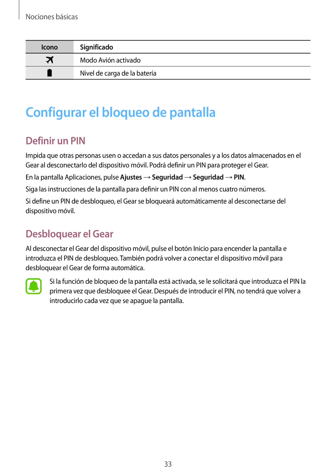 Samsung SM-R7500ZKADBT, SM-R7500ZWAXEO manual Configurar el bloqueo de pantalla, Definir un PIN, Desbloquear el Gear 