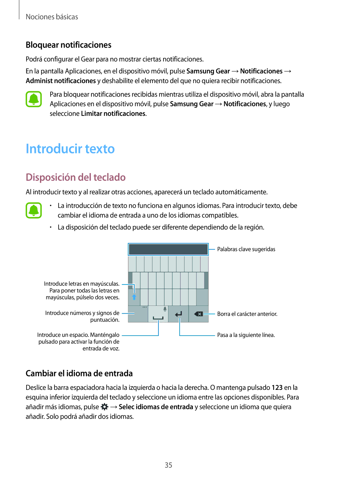 Samsung SM-R7500ZKAXEO Introducir texto, Disposición del teclado, Bloquear notificaciones, Cambiar el idioma de entrada 