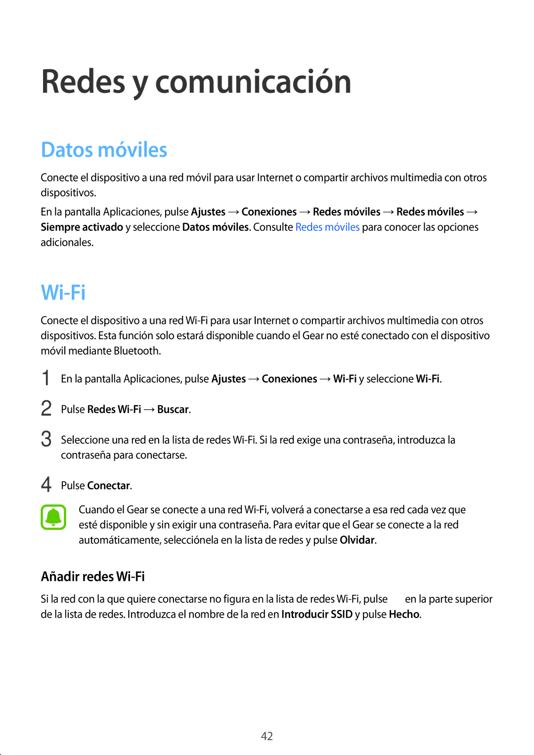 Samsung SM-R7500ZKWPHE, SM-R7500ZKADBT Datos móviles, Añadir redes Wi-Fi, Pulse Redes Wi-Fi →Buscar, Pulse Conectar 