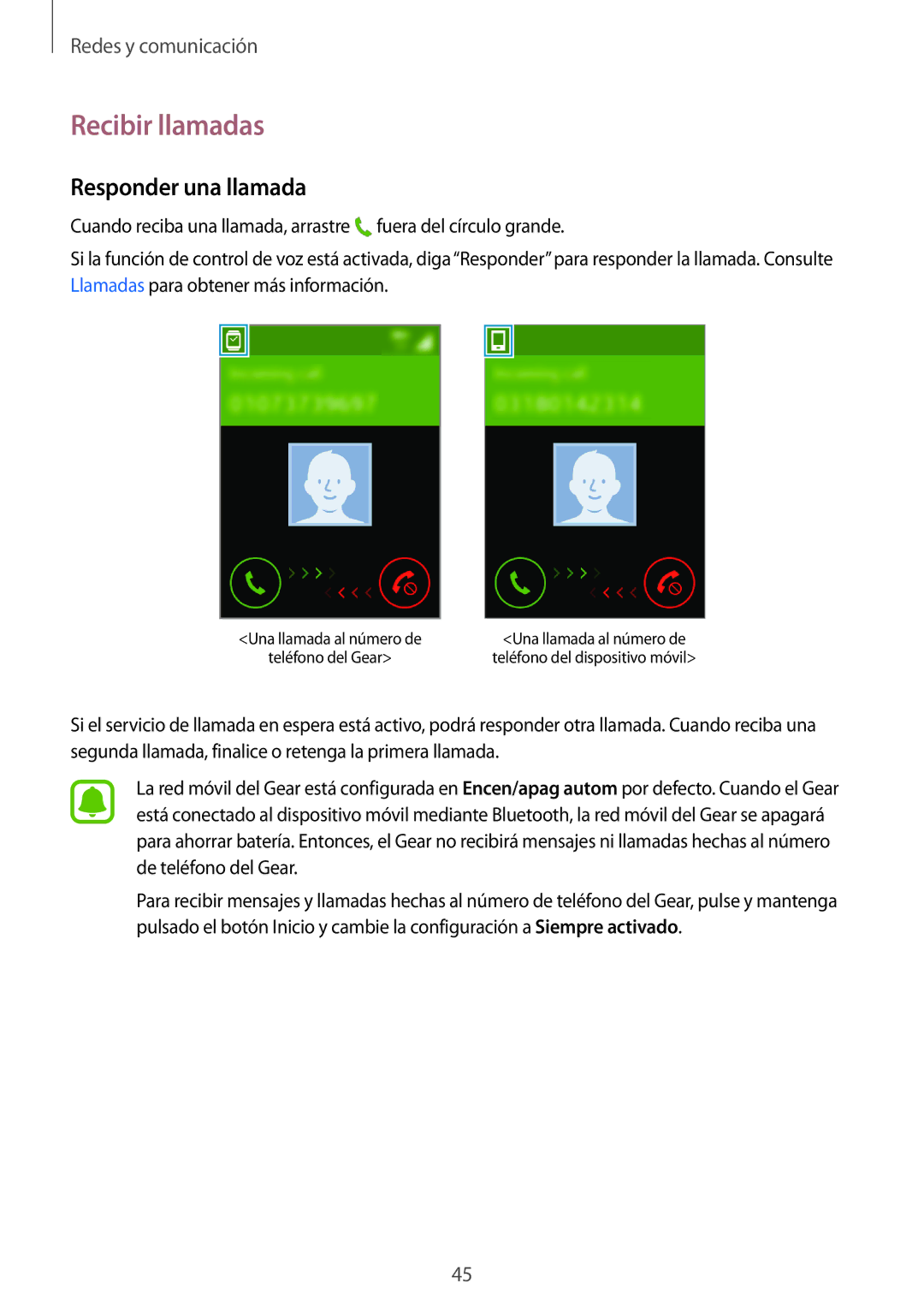 Samsung SM-R7500ZWAXEO, SM-R7500ZKADBT, SM-R7500ZKAXEO, SM-R7500ZWAPHE manual Recibir llamadas, Responder una llamada 
