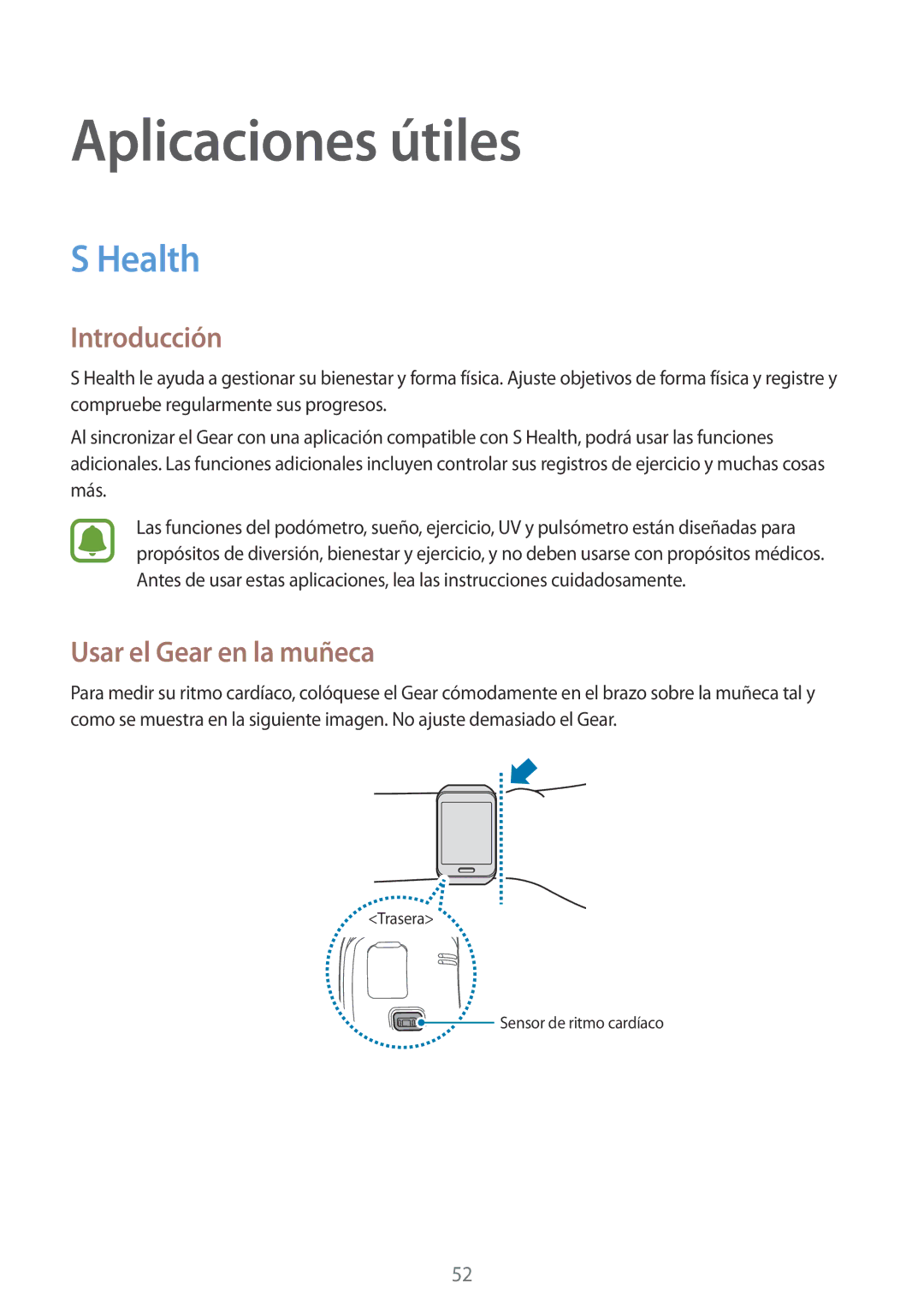 Samsung SM-R7500ZKZPHE, SM-R7500ZKADBT, SM-R7500ZWAXEO, SM-R7500ZKAXEO, SM-R7500ZWAPHE manual Health, Usar el Gear en la muñeca 