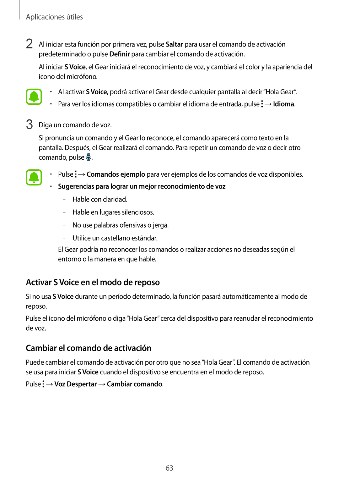 Samsung SM-R7500ZKZPHE, SM-R7500ZKADBT manual Activar S Voice en el modo de reposo, Cambiar el comando de activación 