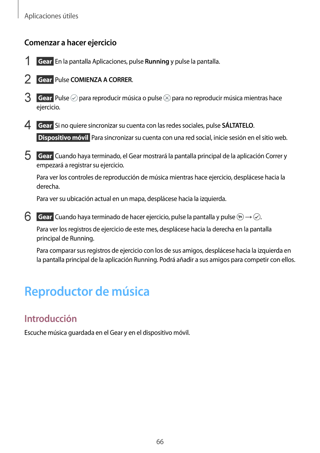 Samsung SM-R7500ZKADBT, SM-R7500ZWAXEO manual Reproductor de música, Comenzar a hacer ejercicio, Pulse Comienza a Correr 