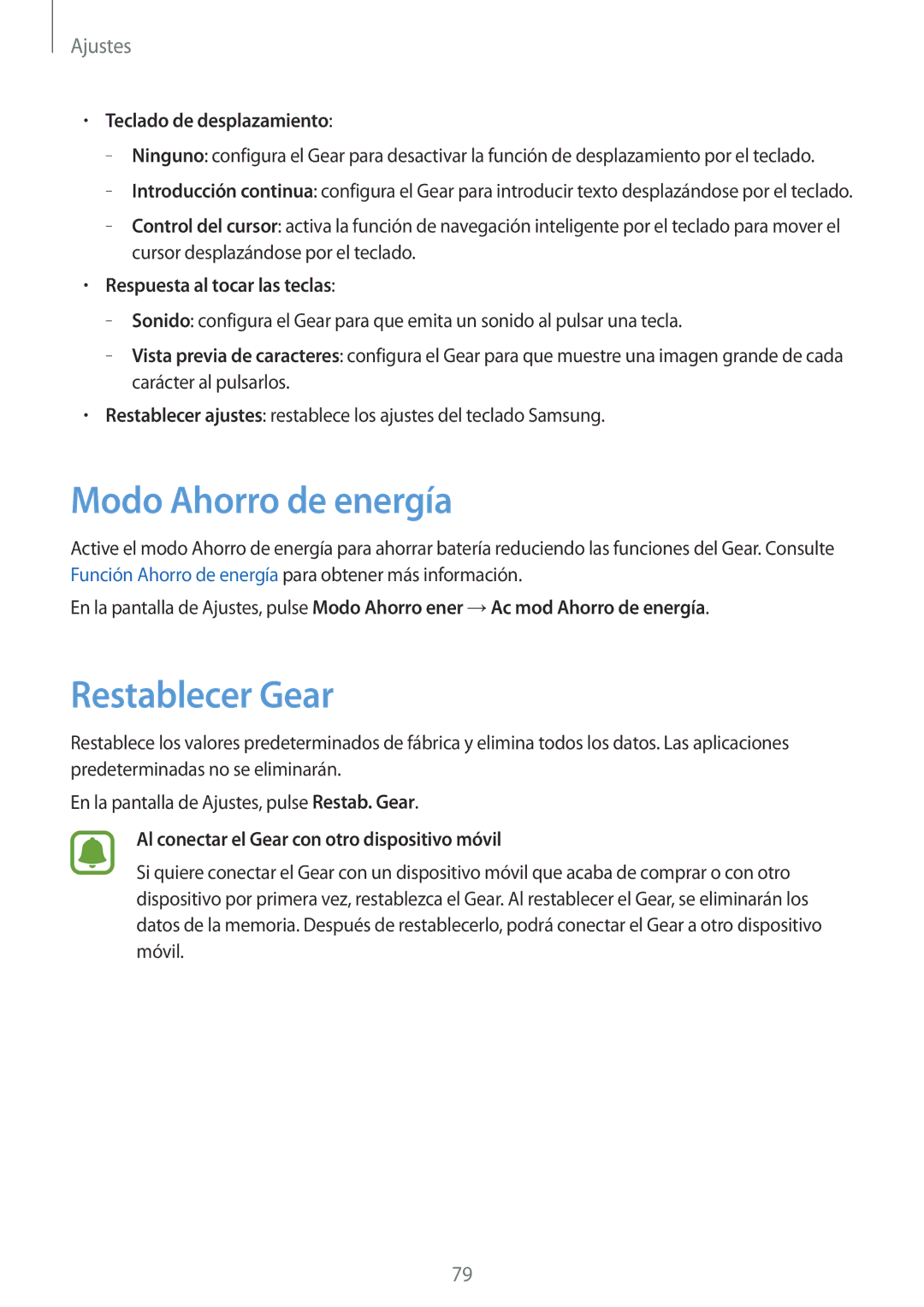 Samsung SM-R7500ZKAXEO Modo Ahorro de energía, Restablecer Gear, Teclado de desplazamiento, Respuesta al tocar las teclas 