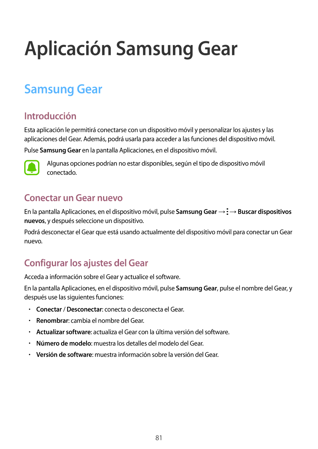 Samsung SM-R7500ZKSPHE, SM-R7500ZKADBT manual Samsung Gear, Conectar un Gear nuevo, Configurar los ajustes del Gear 