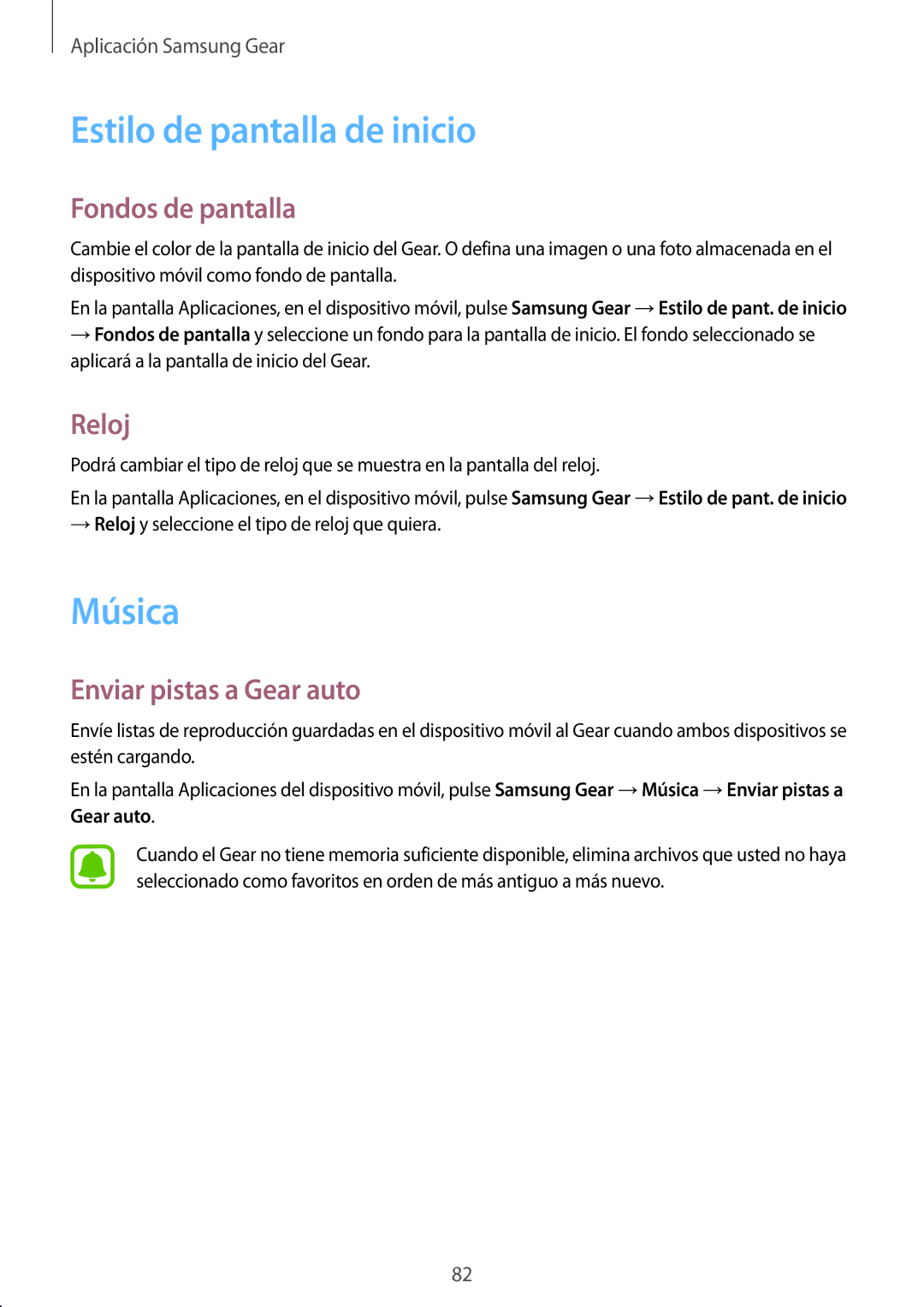 Samsung SM-R7500ZKAPHE manual Estilo de pantalla de inicio, Música, Fondos de pantalla, Reloj, Enviar pistas a Gear auto 