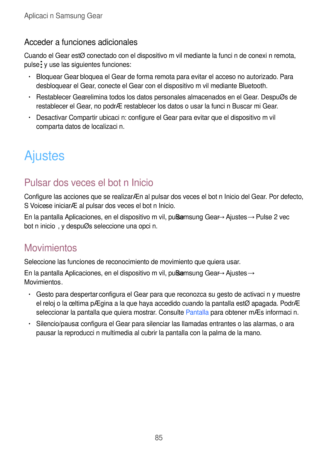 Samsung SM-R7500ZKZPHE manual Ajustes, Pulsar dos veces el botón Inicio, Movimientos, Acceder a funciones adicionales 