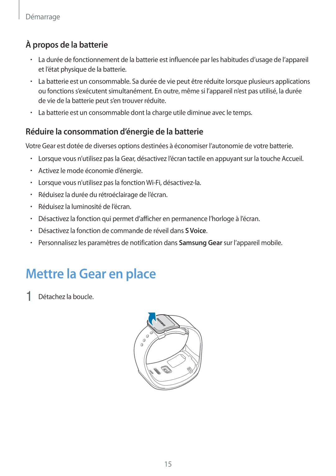 Samsung SM-R7500ZWAXEF Mettre la Gear en place, Propos de la batterie, Réduire la consommation d’énergie de la batterie 