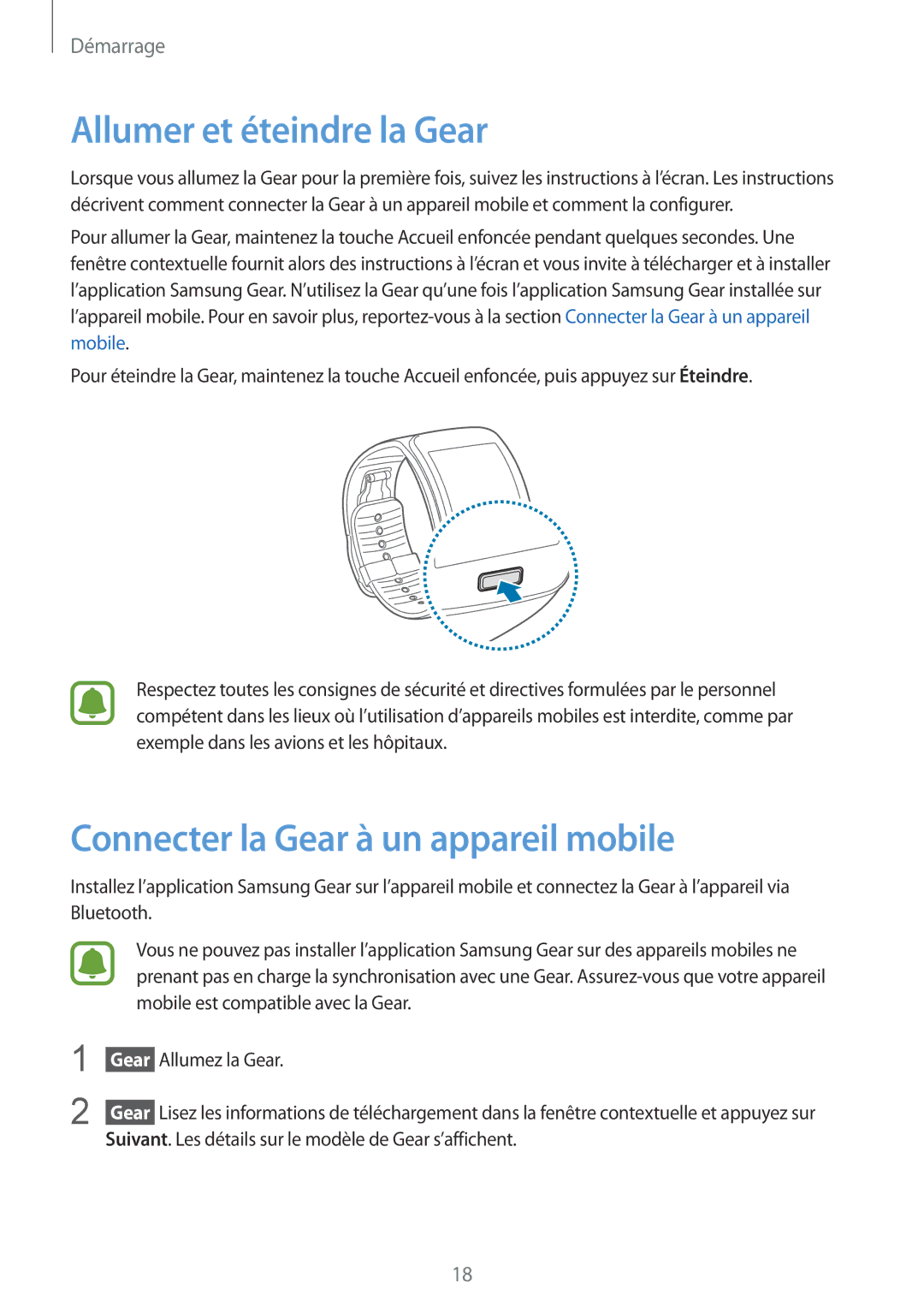 Samsung SM-R7500ZKAXEF, SM-R7500ZWAXEF manual Allumer et éteindre la Gear, Connecter la Gear à un appareil mobile 