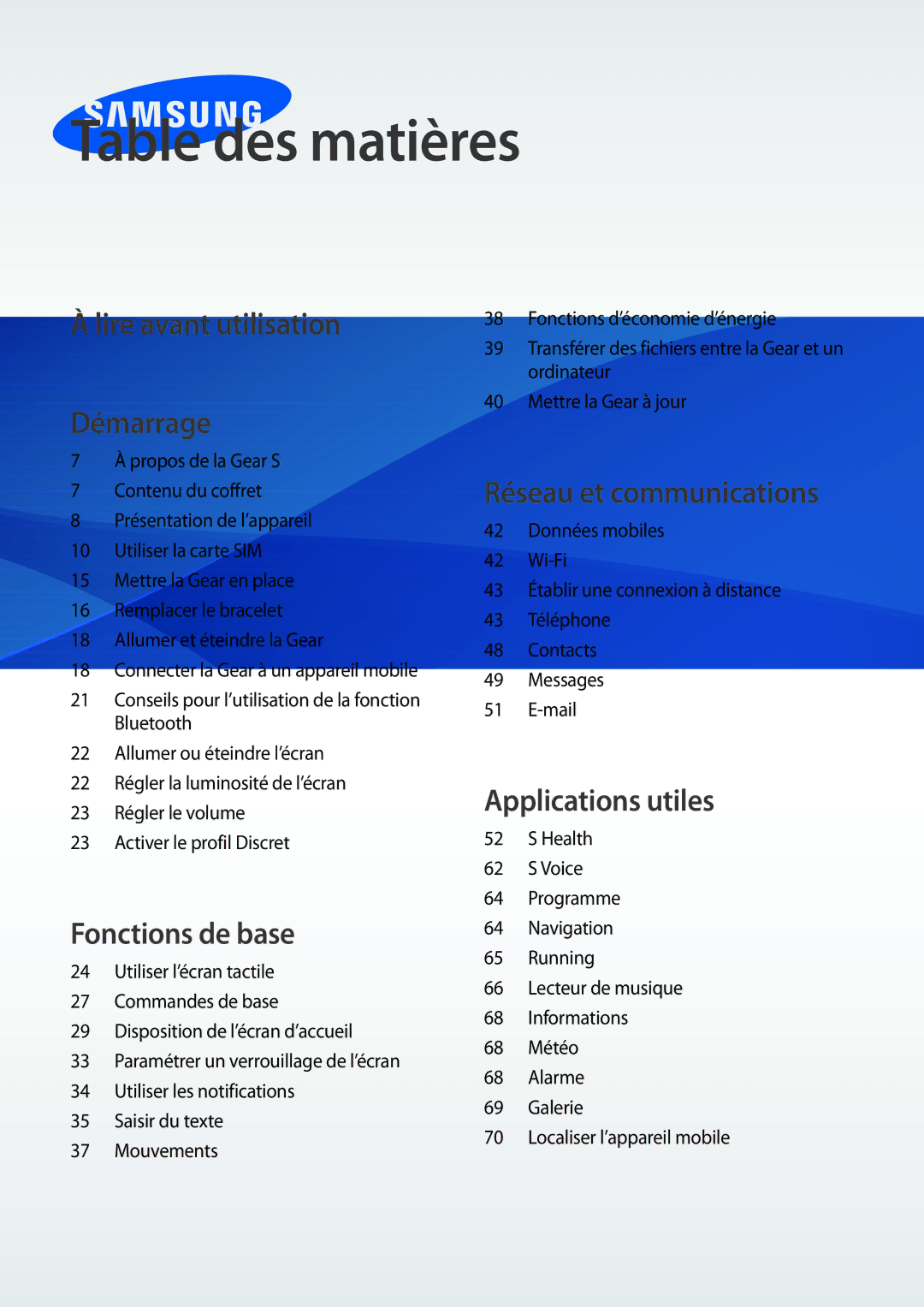 Samsung SM-R7500ZKAXEF, SM-R7500ZWAXEF manual Table des matières, Lire avant utilisation Démarrage 