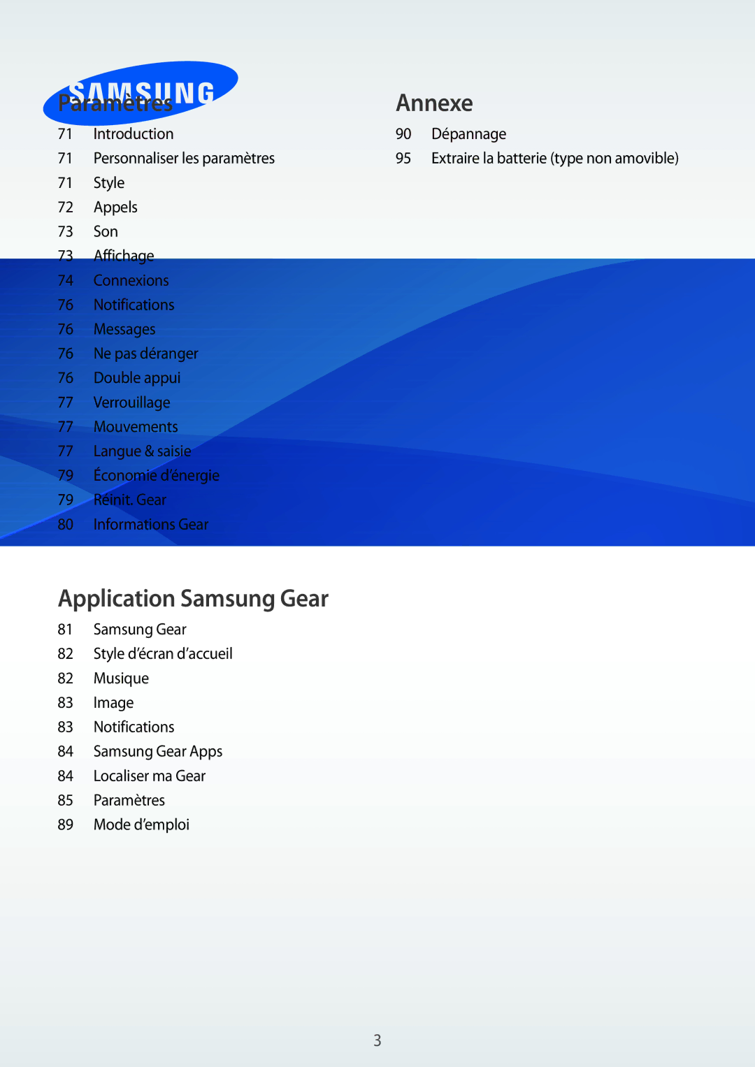 Samsung SM-R7500ZWAXEF, SM-R7500ZKAXEF manual Paramètres Annexe 