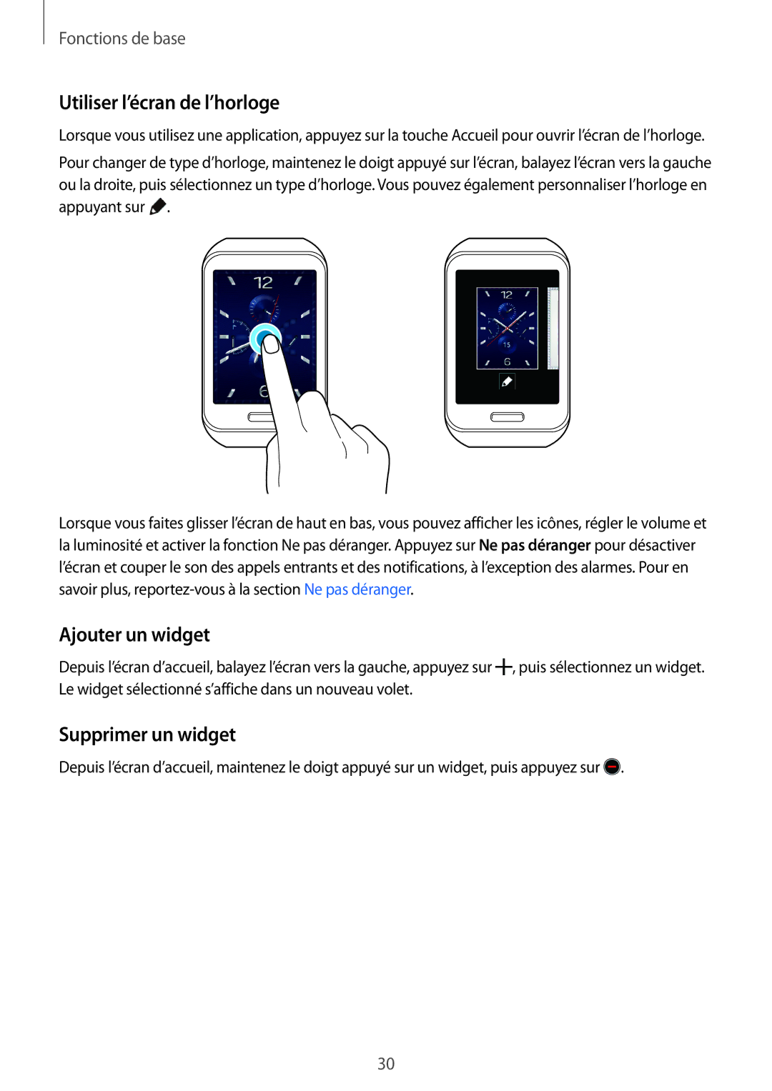 Samsung SM-R7500ZKAXEF, SM-R7500ZWAXEF manual Utiliser l’écran de l’horloge, Ajouter un widget, Supprimer un widget 