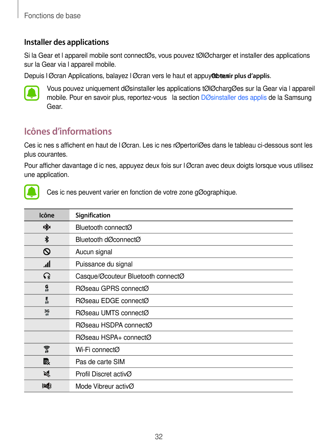 Samsung SM-R7500ZKAXEF, SM-R7500ZWAXEF manual Icônes d’informations, Installer des applications, Icône Signification 