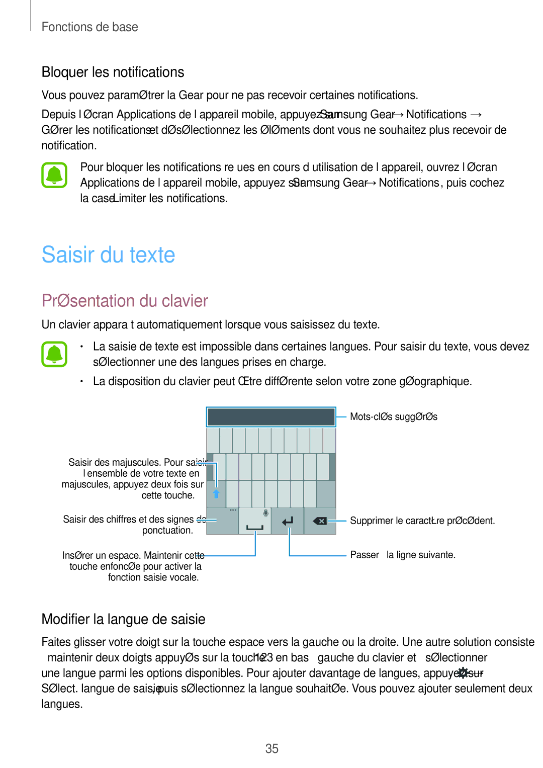 Samsung SM-R7500ZWAXEF Saisir du texte, Présentation du clavier, Bloquer les notifications, Modifier la langue de saisie 