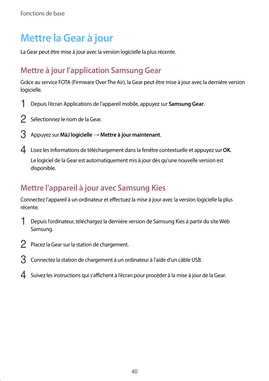 Samsung SM-R7500ZKAXEF, SM-R7500ZWAXEF manual Mettre la Gear à jour, Mettre à jour l’application Samsung Gear 