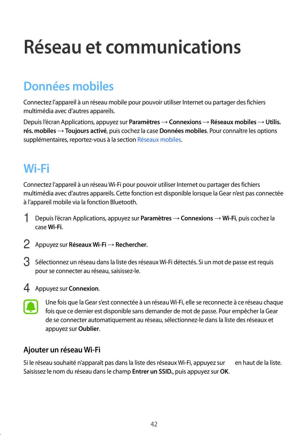 Samsung SM-R7500ZKAXEF, SM-R7500ZWAXEF manual Réseau et communications, Données mobiles, Ajouter un réseau Wi-Fi 