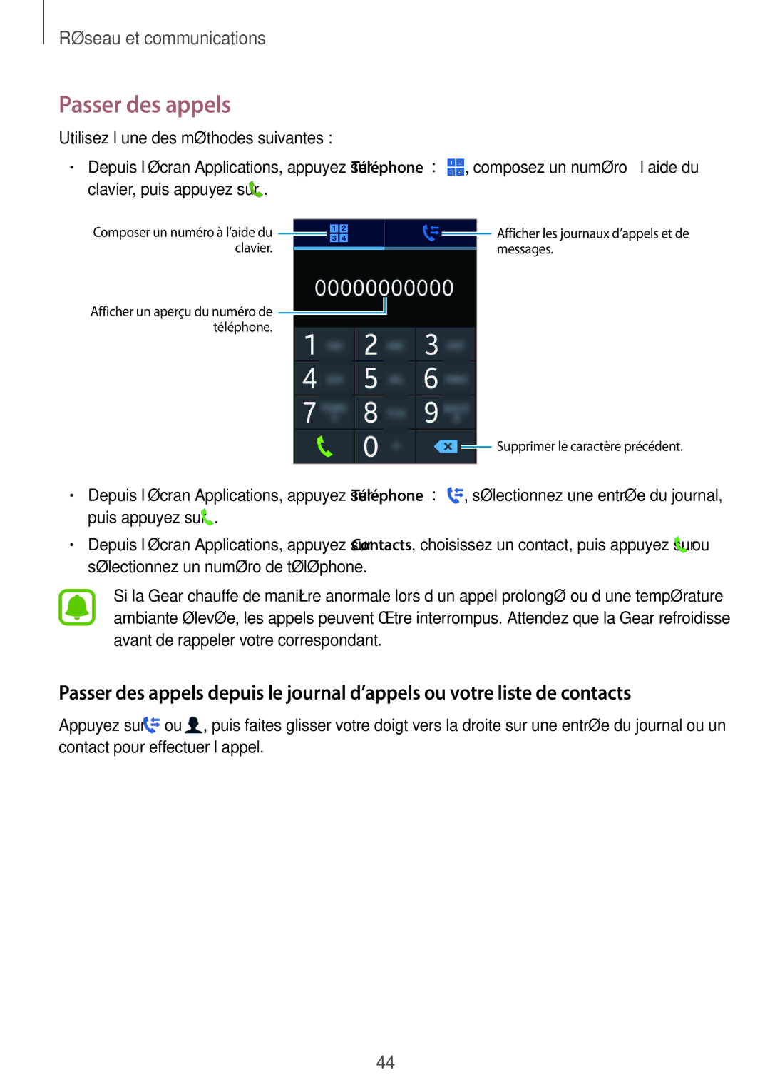 Samsung SM-R7500ZKAXEF, SM-R7500ZWAXEF manual Passer des appels 