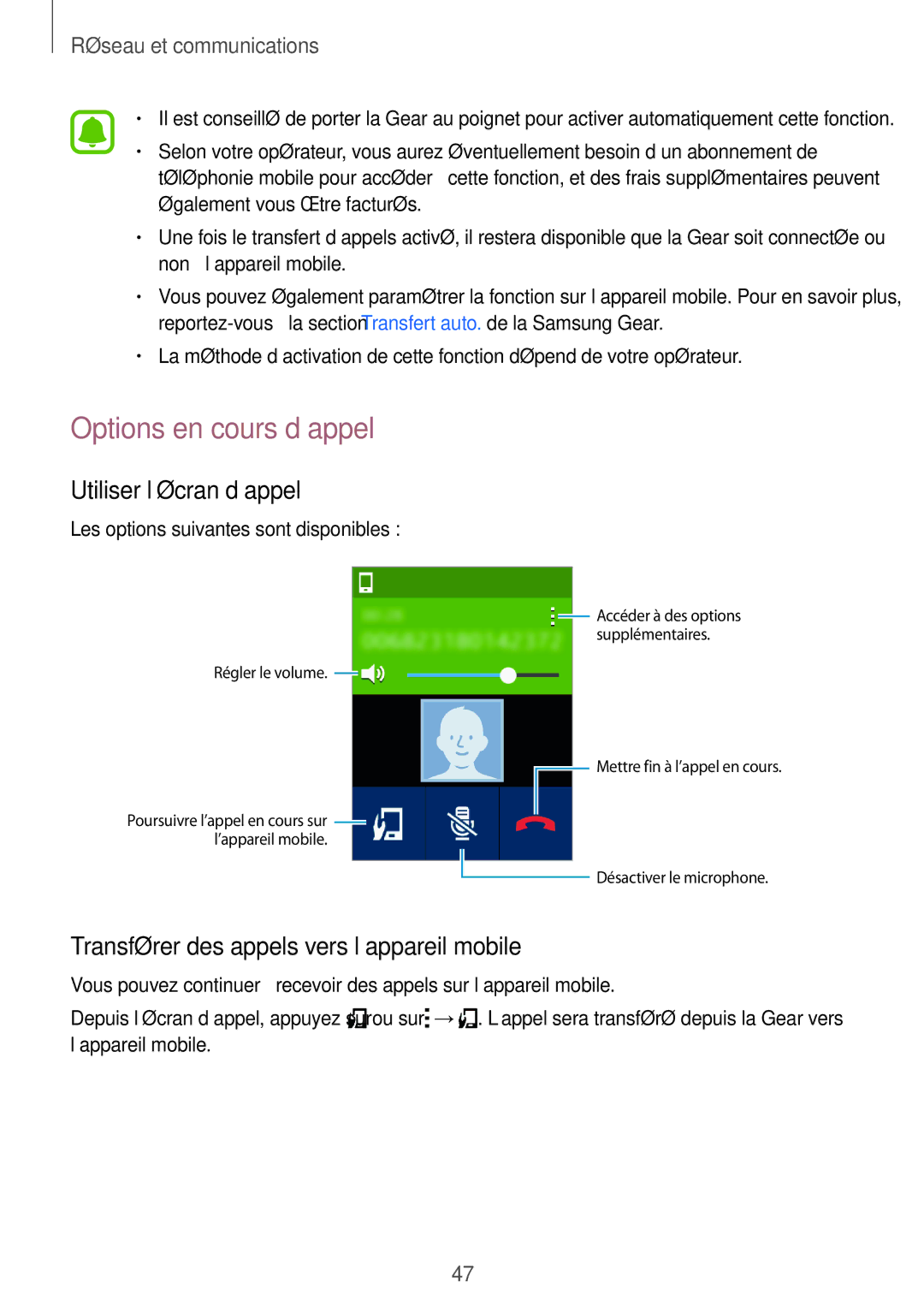 Samsung SM-R7500ZWAXEF Options en cours d’appel, Utiliser l’écran d’appel, Transférer des appels vers l’appareil mobile 