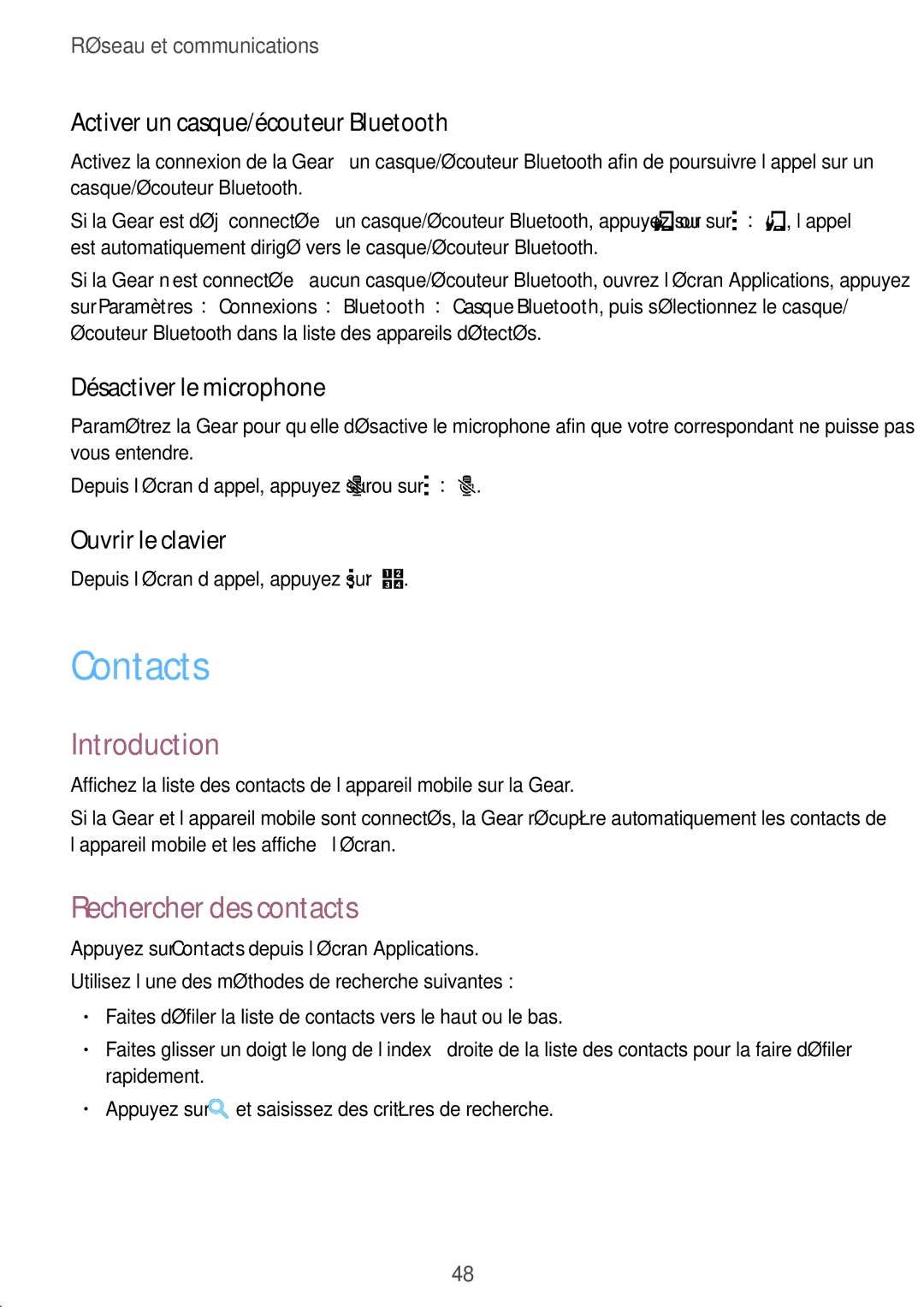 Samsung SM-R7500ZKAXEF Contacts, Rechercher des contacts, Activer un casque/écouteur Bluetooth, Désactiver le microphone 