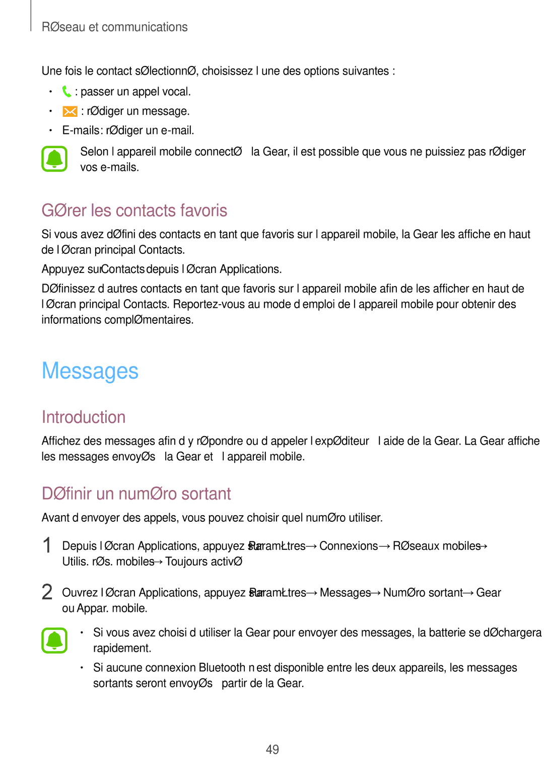 Samsung SM-R7500ZWAXEF, SM-R7500ZKAXEF manual Messages, Gérer les contacts favoris 