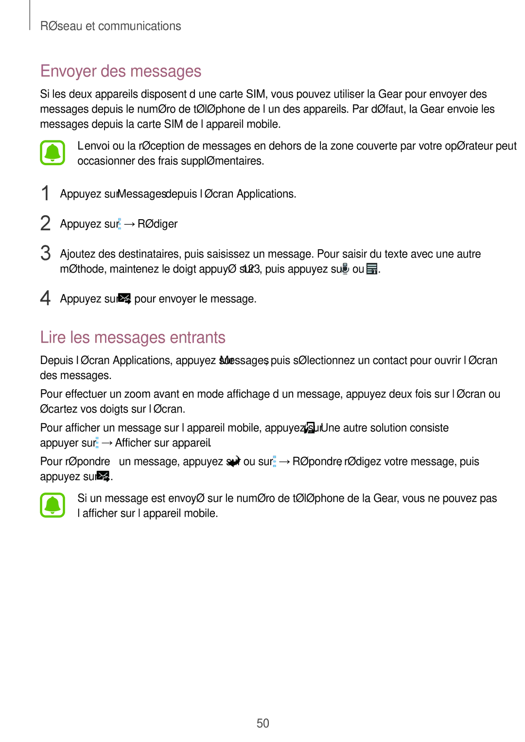 Samsung SM-R7500ZKAXEF, SM-R7500ZWAXEF manual Envoyer des messages, Lire les messages entrants 