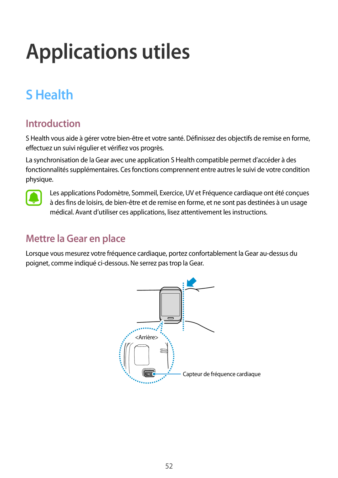 Samsung SM-R7500ZKAXEF, SM-R7500ZWAXEF manual Applications utiles, Health, Mettre la Gear en place 