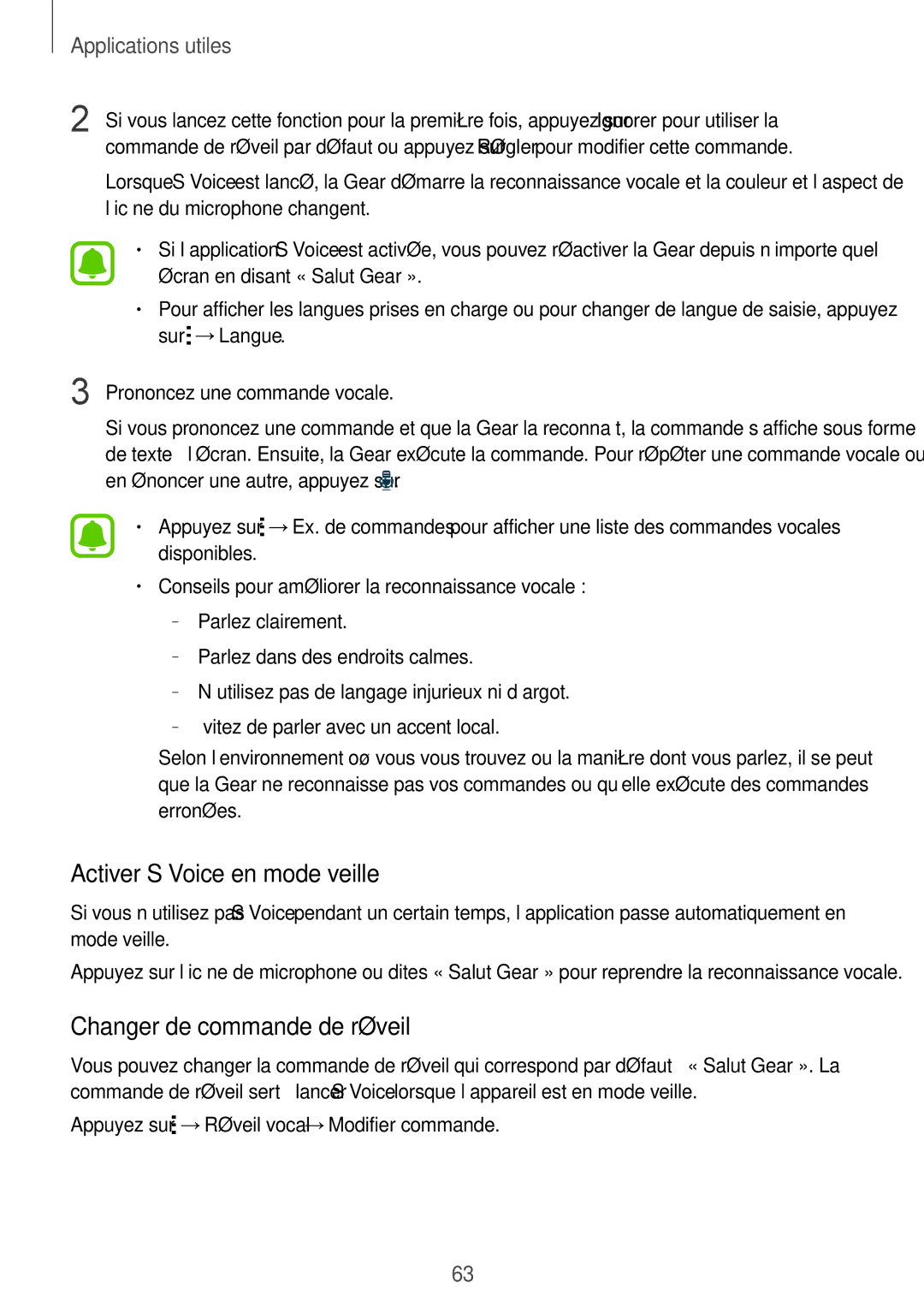 Samsung SM-R7500ZWAXEF, SM-R7500ZKAXEF manual Activer S Voice en mode veille, Changer de commande de réveil 