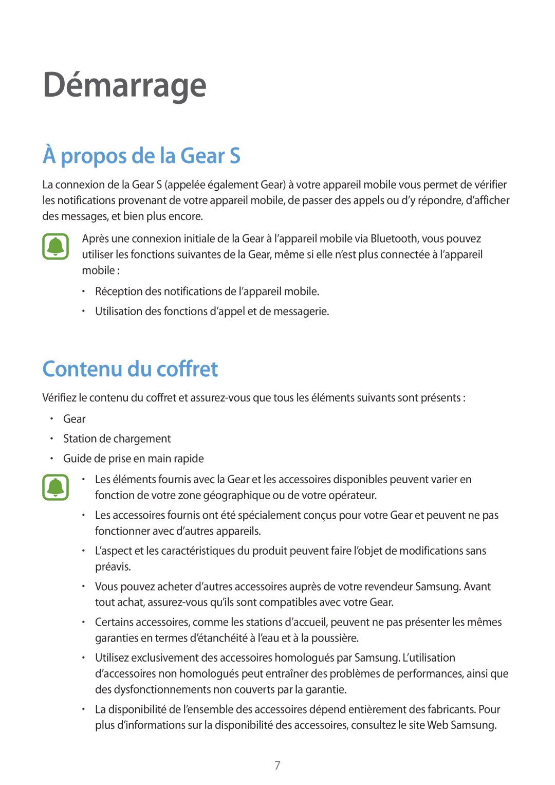 Samsung SM-R7500ZWAXEF, SM-R7500ZKAXEF manual Démarrage, Propos de la Gear S, Contenu du coffret 