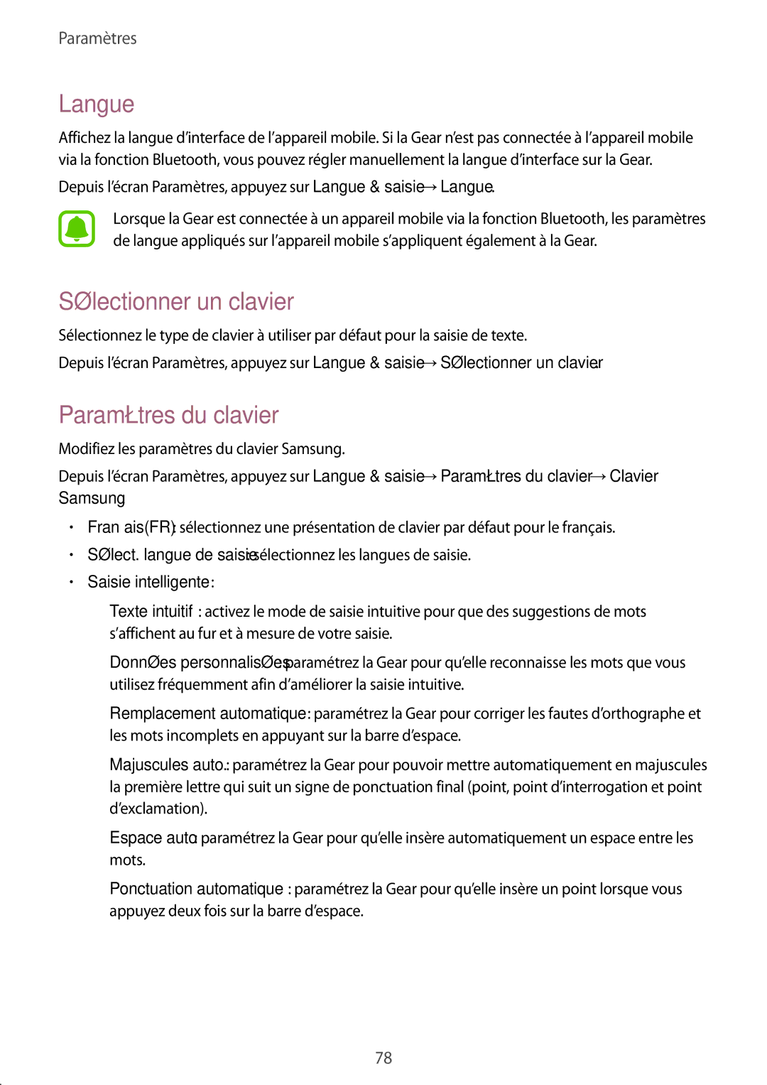 Samsung SM-R7500ZKAXEF, SM-R7500ZWAXEF manual Langue, Sélectionner un clavier, Paramètres du clavier, Saisie intelligente 