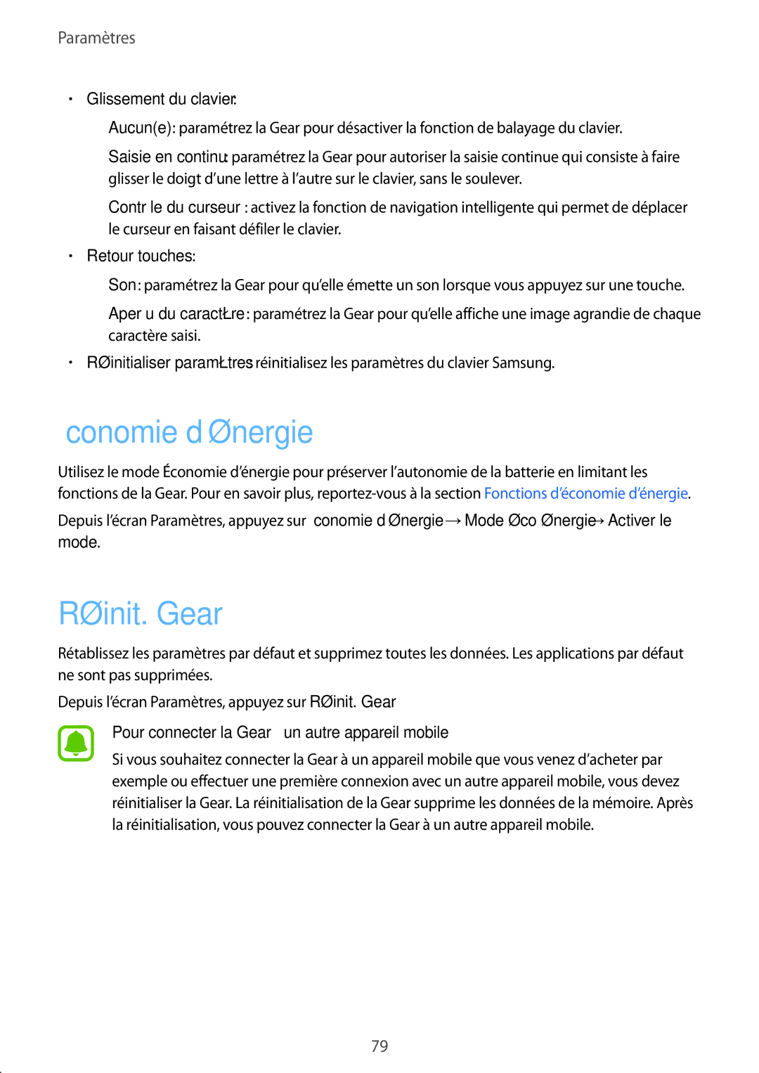 Samsung SM-R7500ZWAXEF, SM-R7500ZKAXEF manual Économie d’énergie, Réinit. Gear, Glissement du clavier, Retour touches 