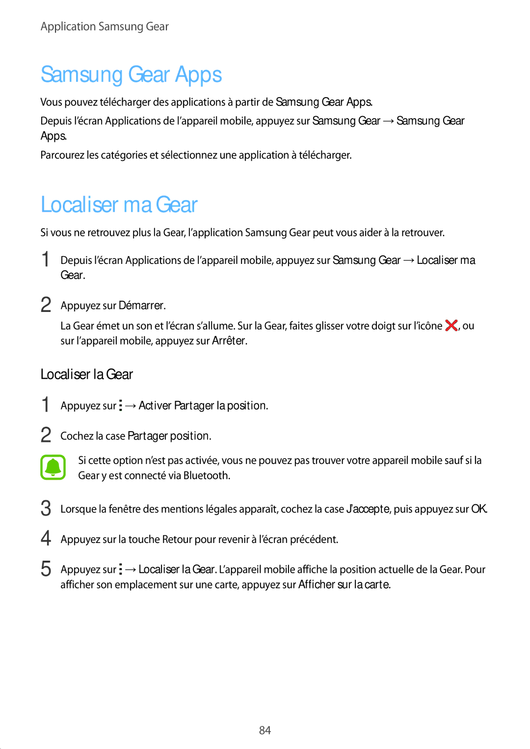 Samsung SM-R7500ZKAXEF, SM-R7500ZWAXEF manual Samsung Gear Apps, Localiser ma Gear, Localiser la Gear 