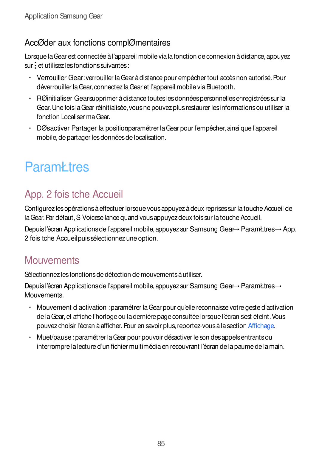 Samsung SM-R7500ZWAXEF manual Paramètres, App fois tche Accueil, Mouvements, Accéder aux fonctions complémentaires 