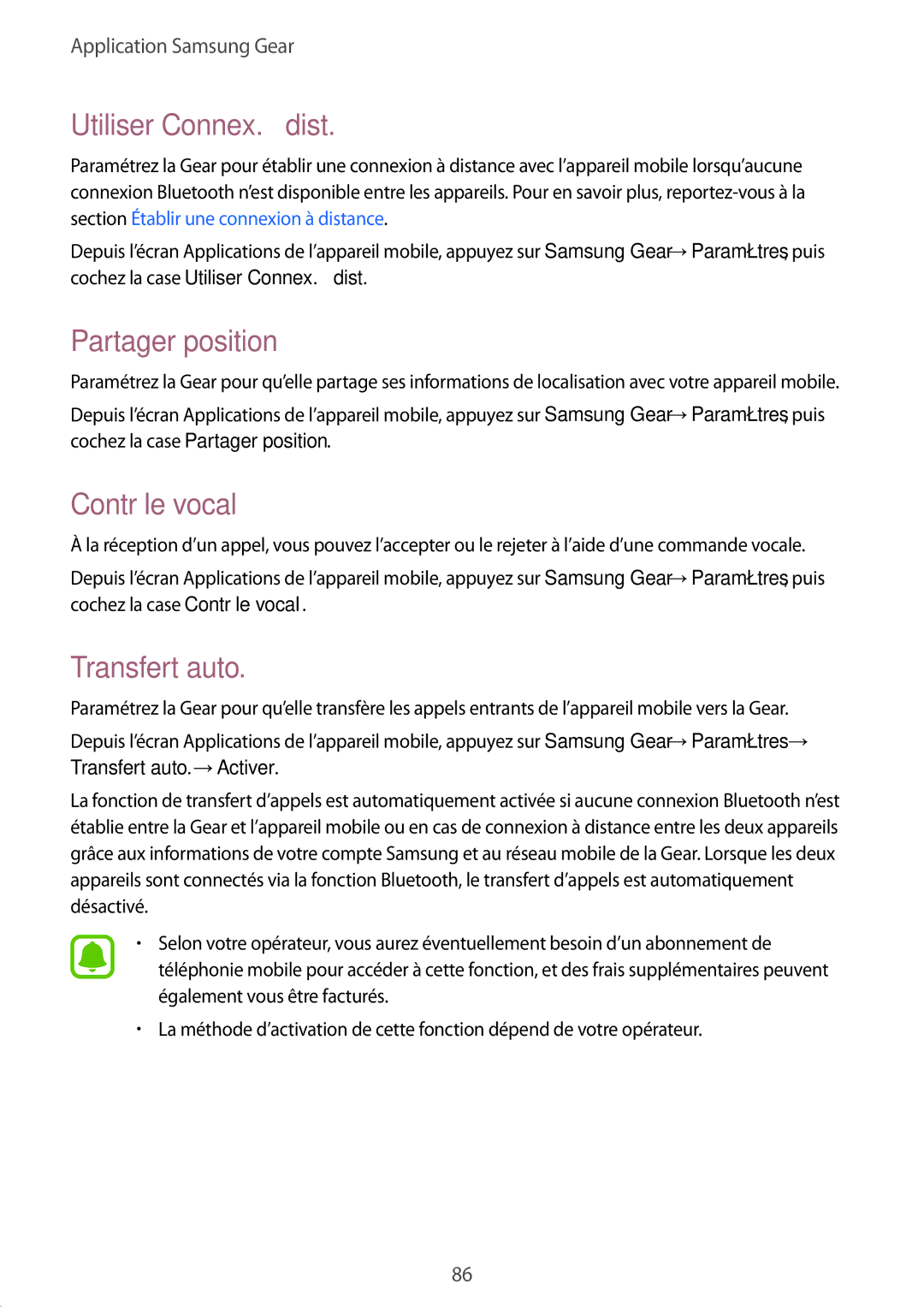 Samsung SM-R7500ZKAXEF, SM-R7500ZWAXEF manual Utiliser Connex. à dist, Partager position, Contrôle vocal, Transfert auto 