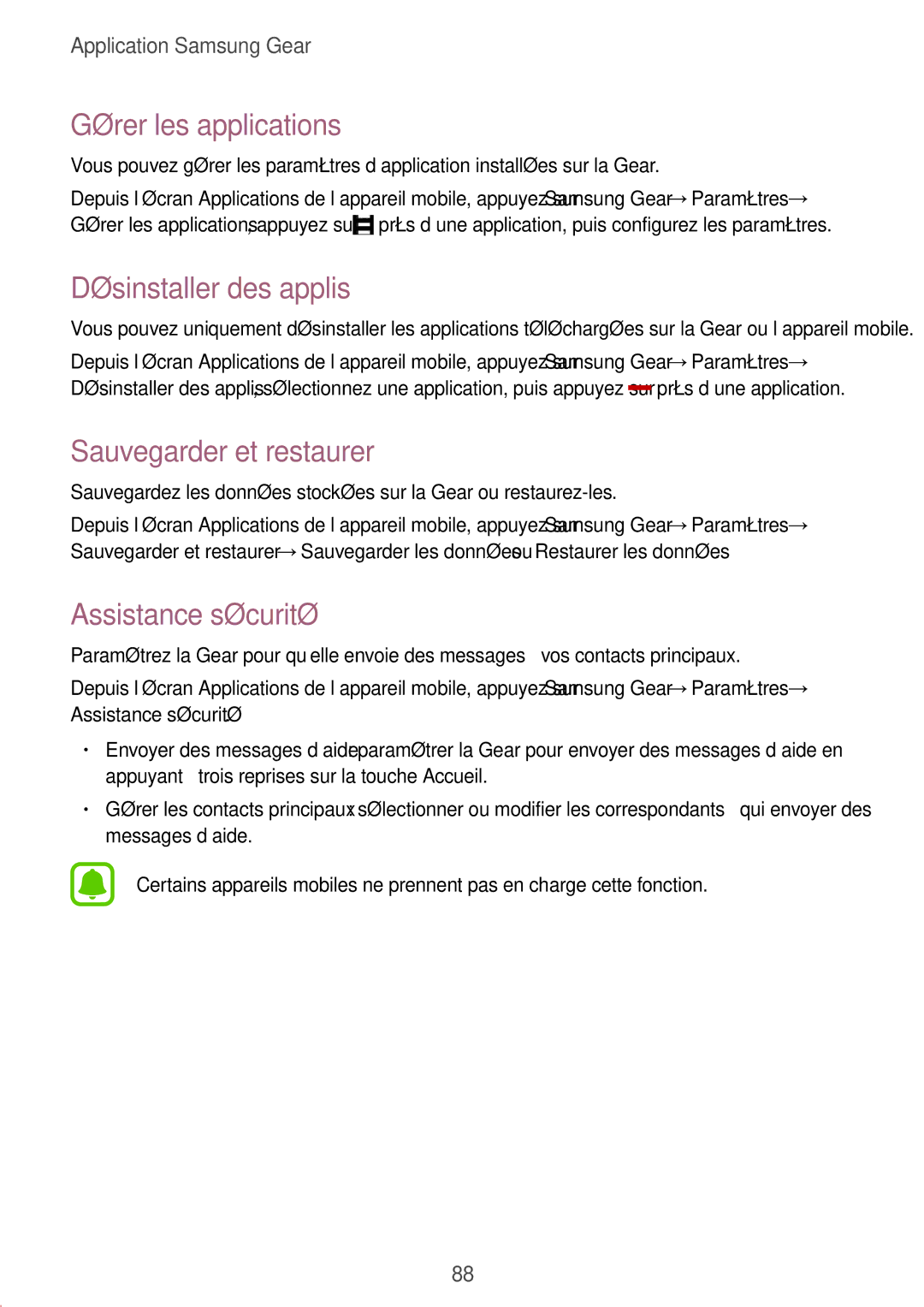 Samsung SM-R7500ZKAXEF Gérer les applications, Désinstaller des applis, Sauvegarder et restaurer, Assistance sécurité 