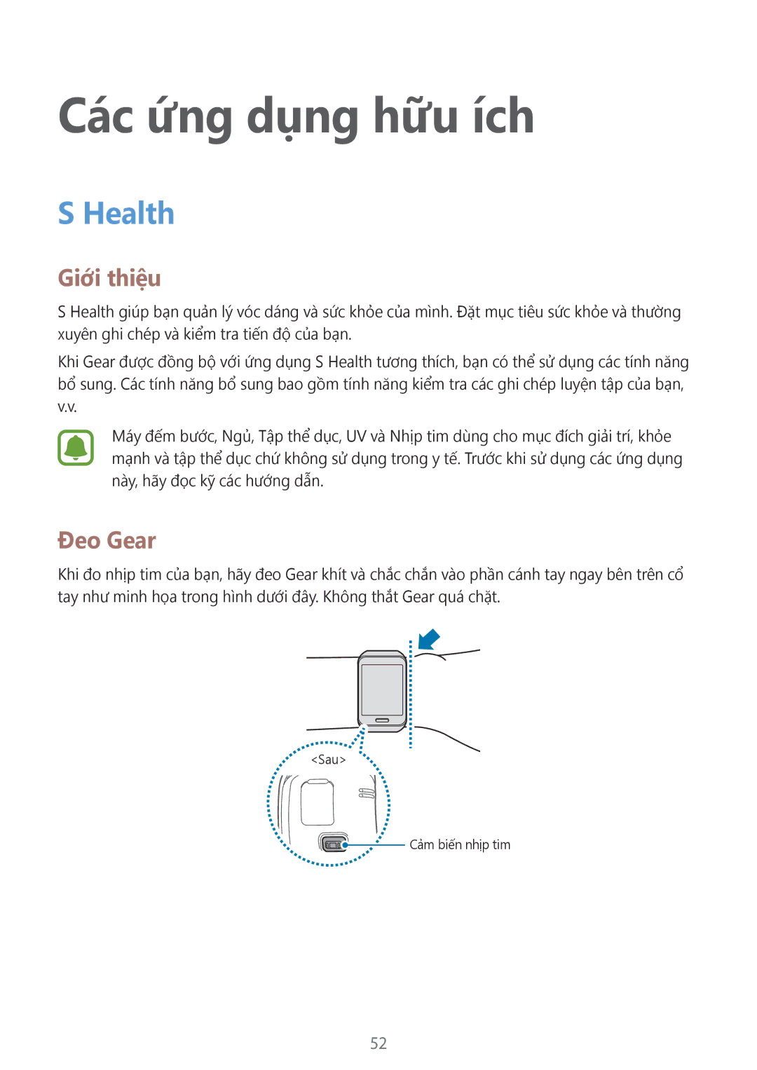 Samsung SM-R7500ZKAXXV, SM-R7500ZWAXXV manual Các ứng dụng hữu ích, Health, Đeo Gear 