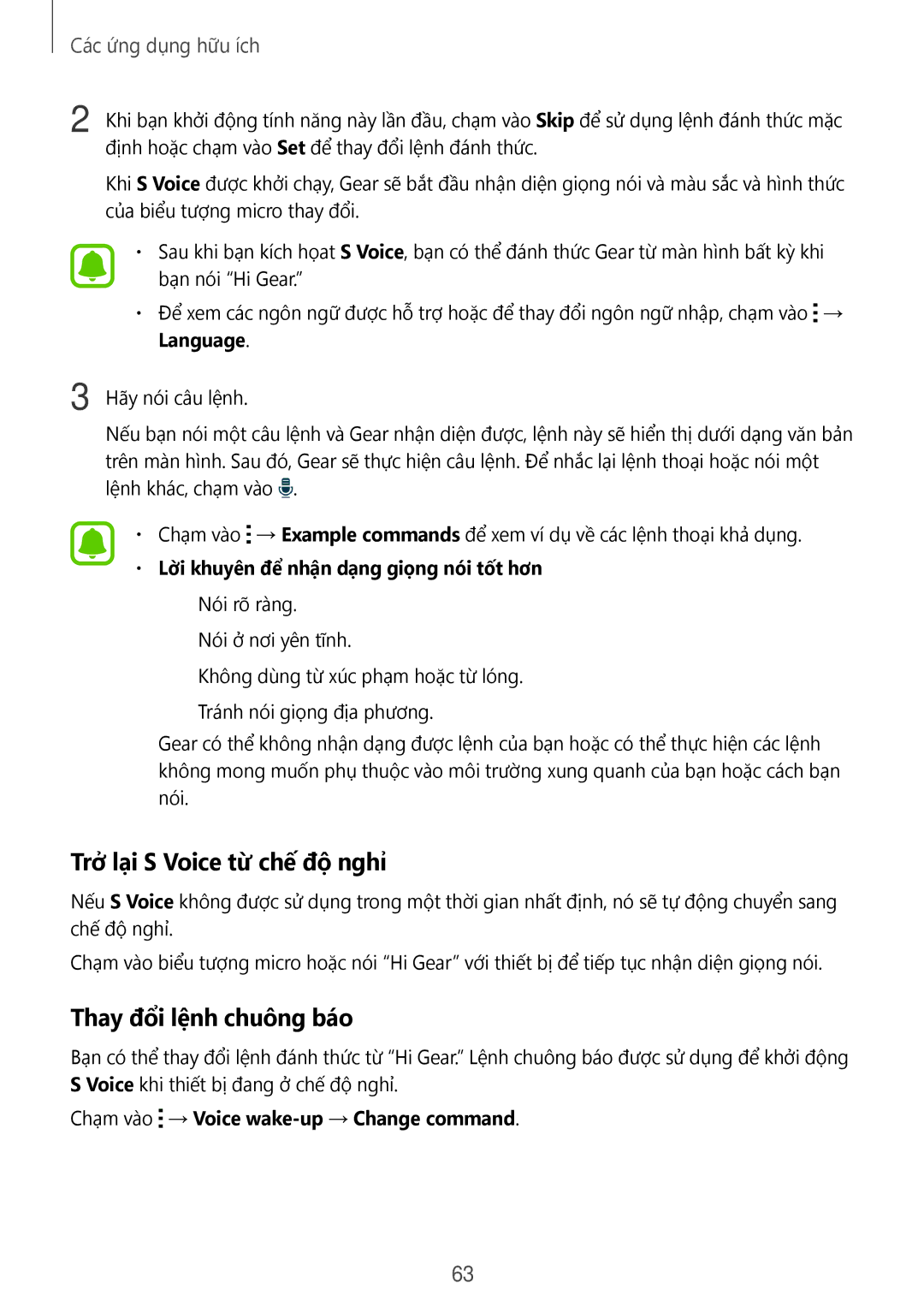 Samsung SM-R7500ZWAXXV, SM-R7500ZKAXXV manual Trở lại S Voice từ chế độ nghỉ, Thay đổi lệnh chuông báo 