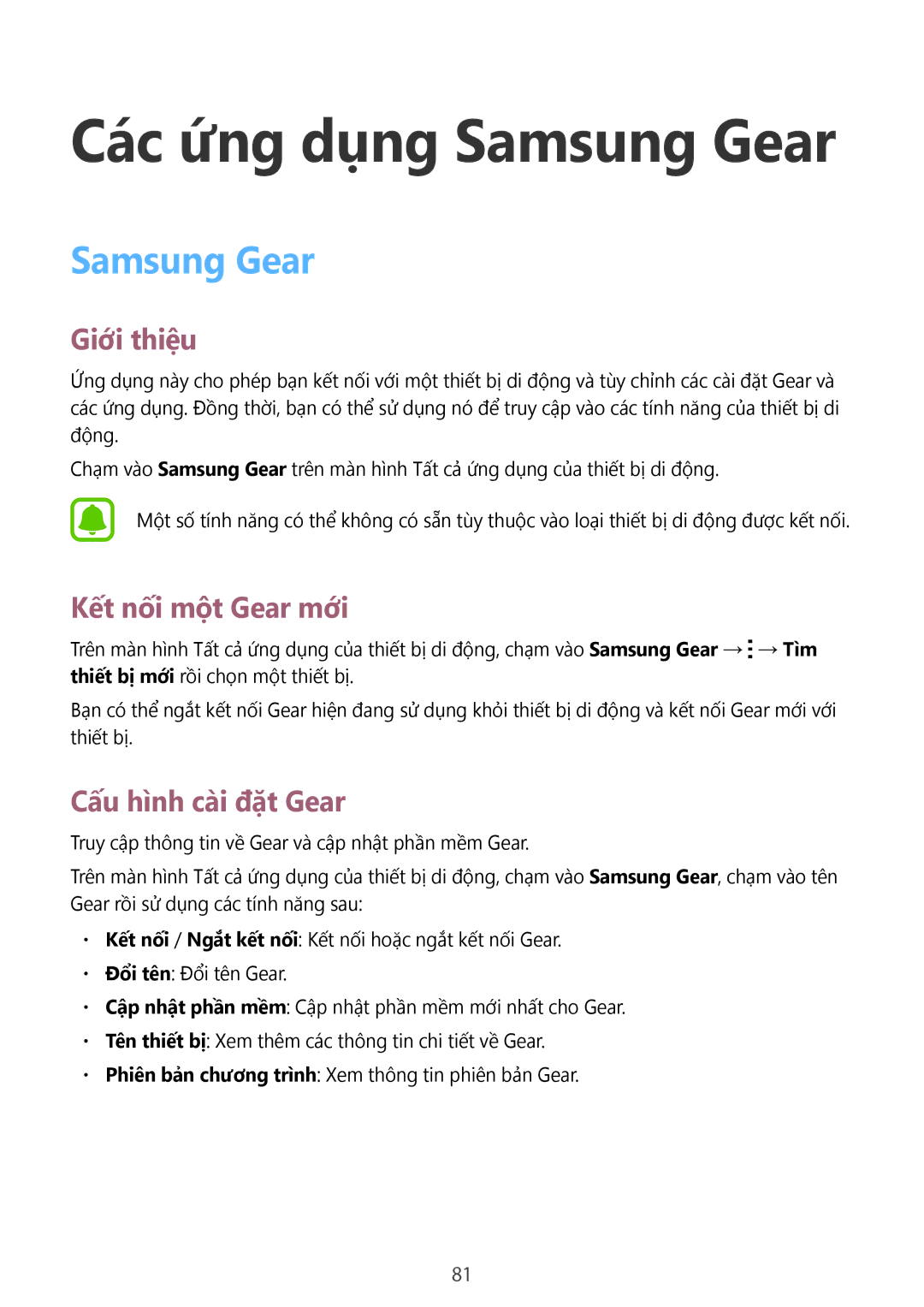 Samsung SM-R7500ZWAXXV, SM-R7500ZKAXXV manual Các ứng dụng Samsung Gear, Kết nối một Gear mới, Cấu hình cài đặt Gear 