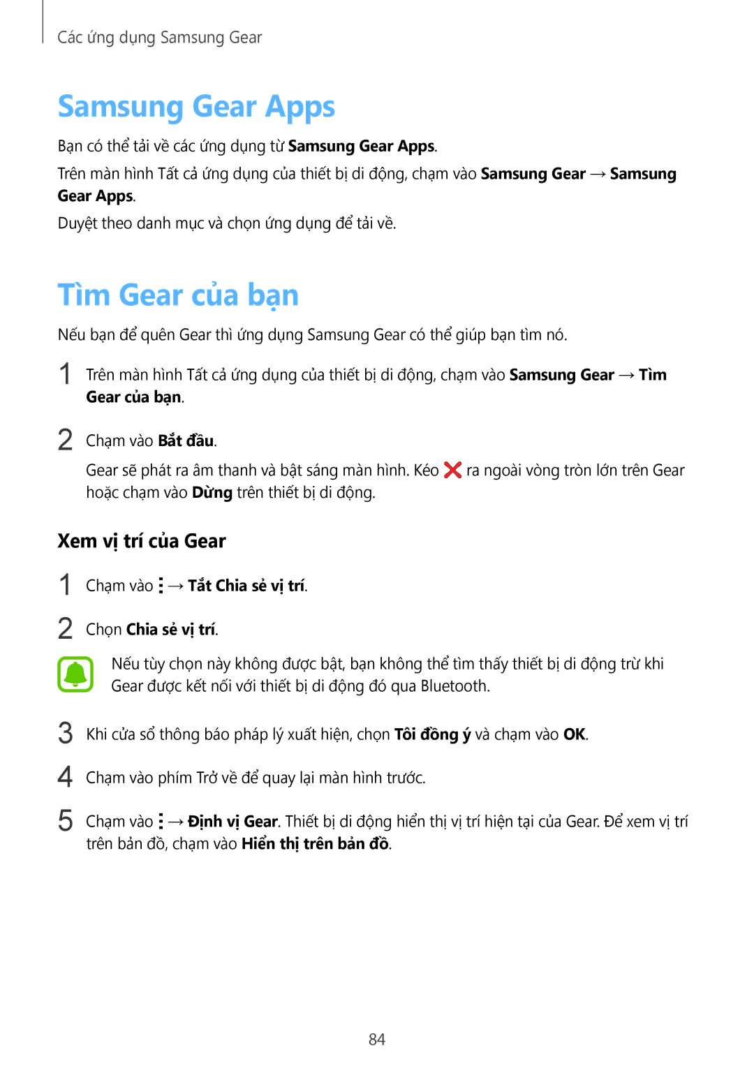 Samsung SM-R7500ZKAXXV, SM-R7500ZWAXXV manual Samsung Gear Apps, Tìm Gear của bạn, Xem vị trí của Gear 