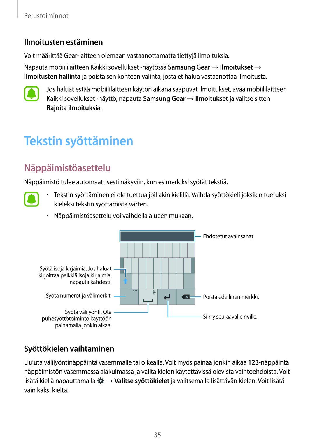 Samsung SM-R7500ZKBNEE manual Tekstin syöttäminen, Näppäimistöasettelu, Ilmoitusten estäminen, Syöttökielen vaihtaminen 