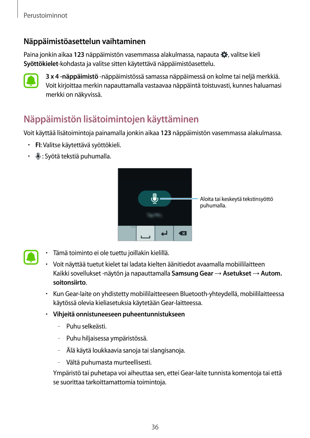 Samsung SM-R7500ZWANEE, SM-R7500ZWBNEE manual Näppäimistön lisätoimintojen käyttäminen, Näppäimistöasettelun vaihtaminen 