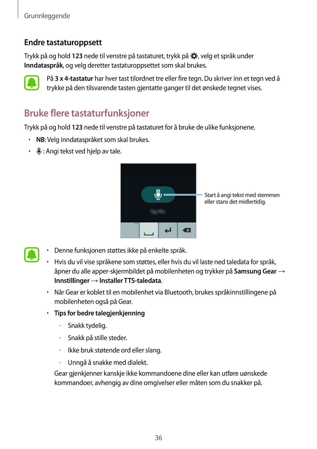 Samsung SM-R7500ZWANEE manual Bruke flere tastaturfunksjoner, Endre tastaturoppsett, Tips for bedre talegjenkjenning 