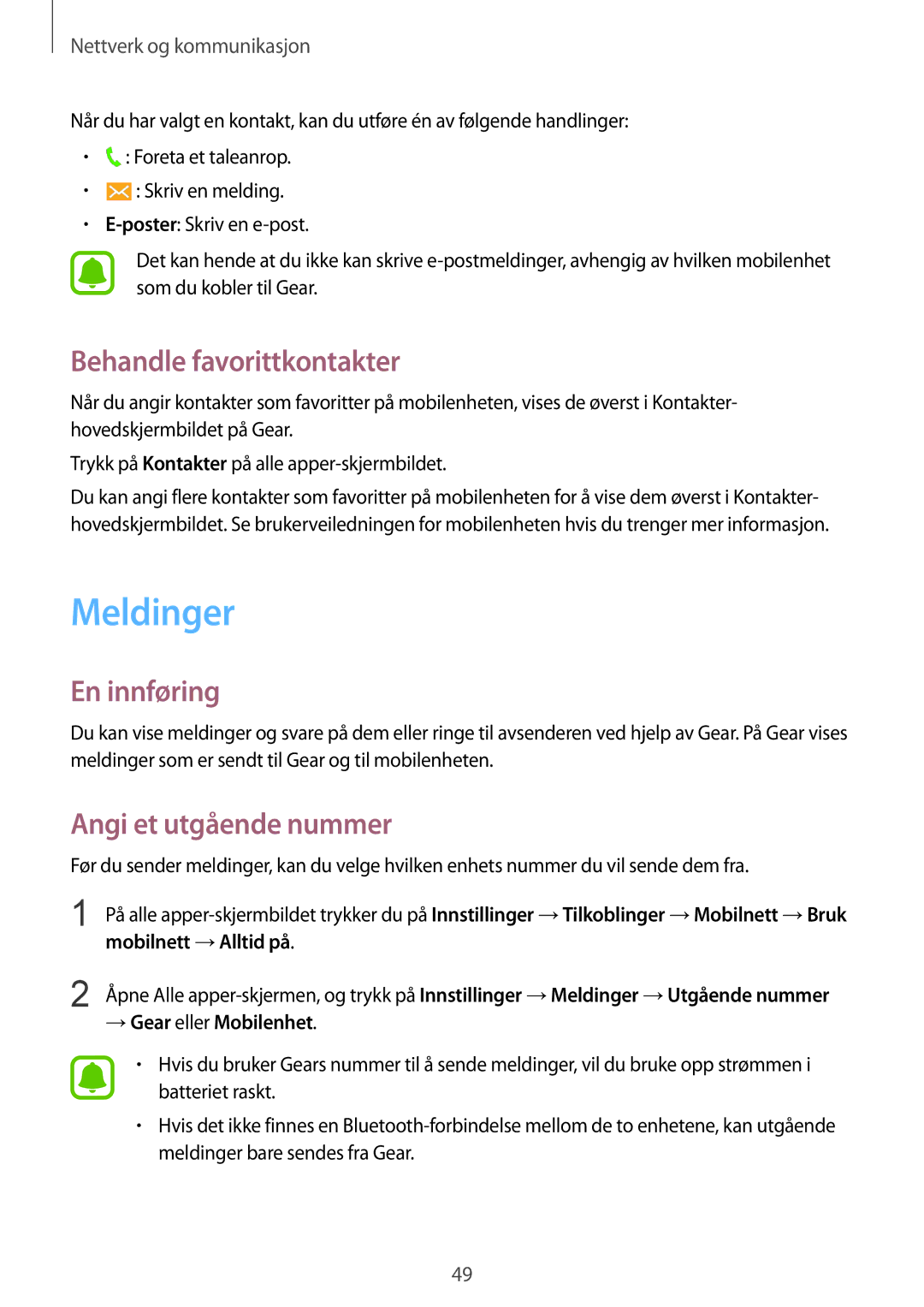 Samsung SM-R7500ZWBNEE, SM-R7500ZWANEE, SM-R7500ZKANEE manual Meldinger, Behandle favorittkontakter, →Gear eller Mobilenhet 