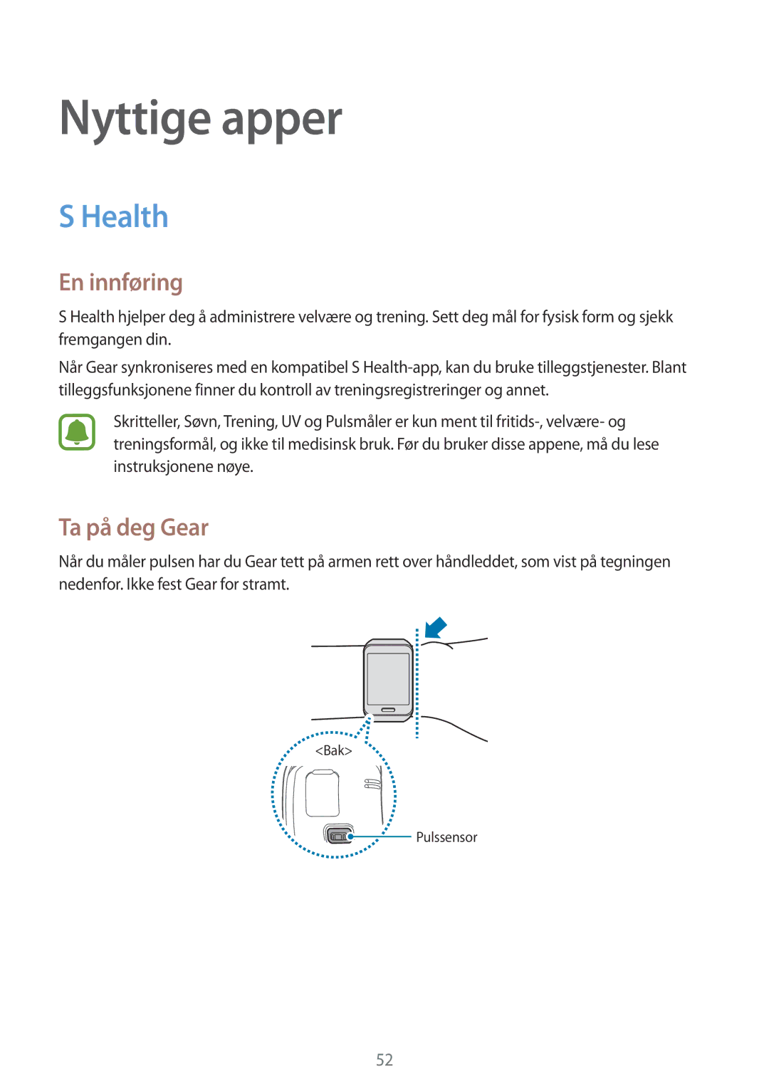 Samsung SM-R7500ZWANEE, SM-R7500ZWBNEE, SM-R7500ZKANEE, SM-R7500ZKBNEE manual Nyttige apper, Health, Ta på deg Gear 