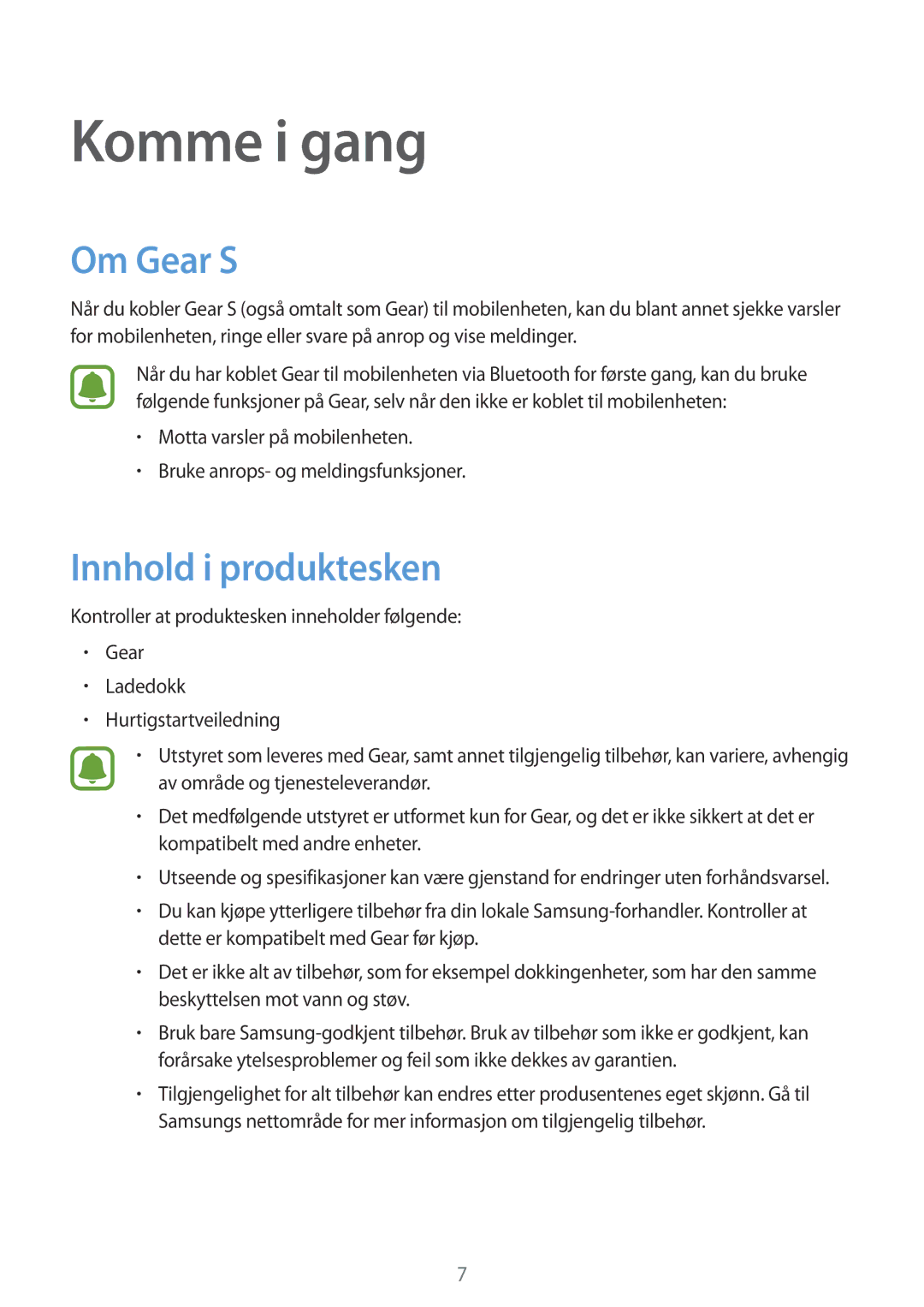 Samsung SM-R7500ZKBNEE, SM-R7500ZWANEE, SM-R7500ZWBNEE, SM-R7500ZKANEE manual Komme i gang, Om Gear S, Innhold i produktesken 